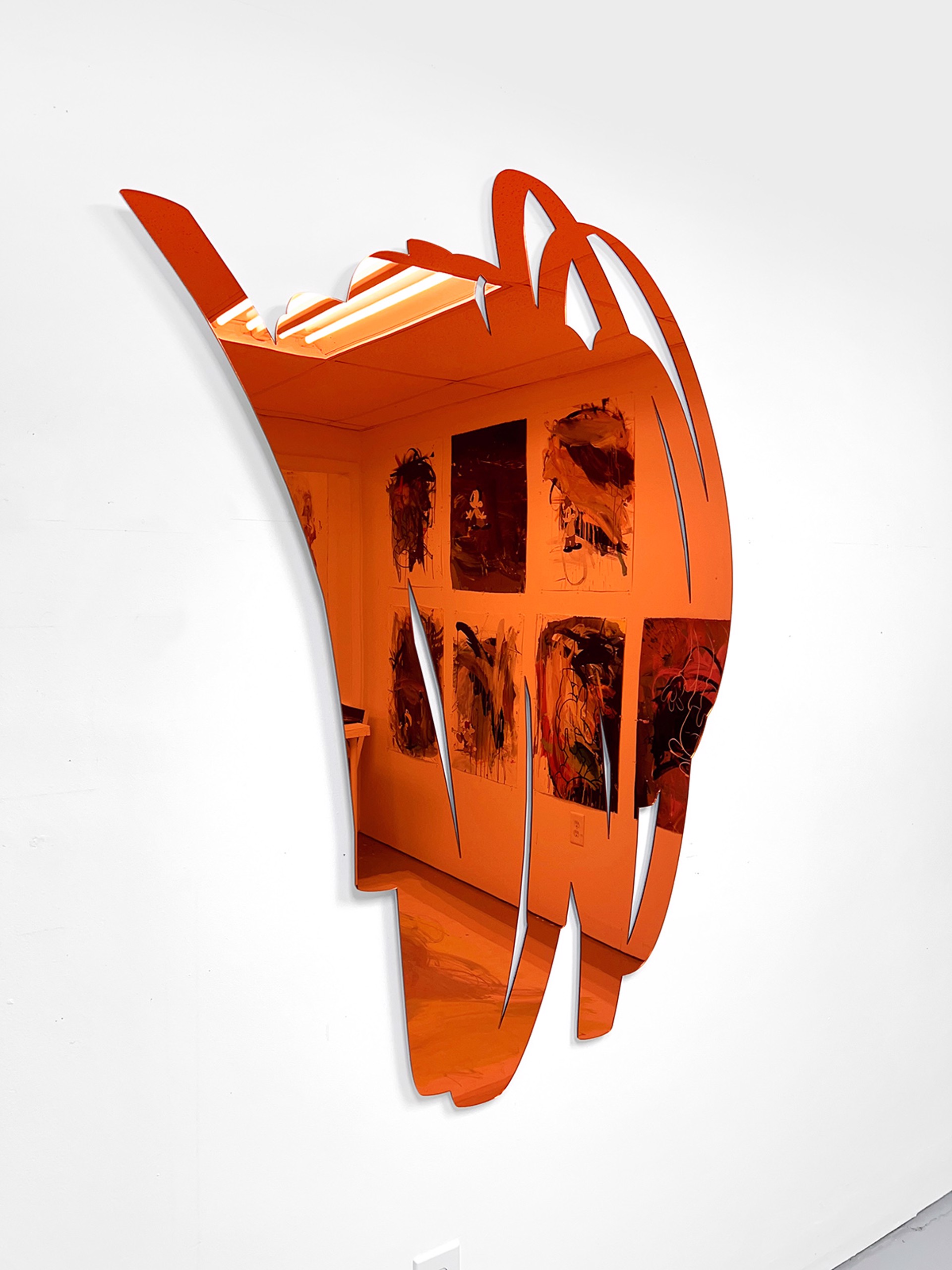 Vertical Scribble Mirror, Orange, Laser cut mirrored acrylic by Ryan Coleman