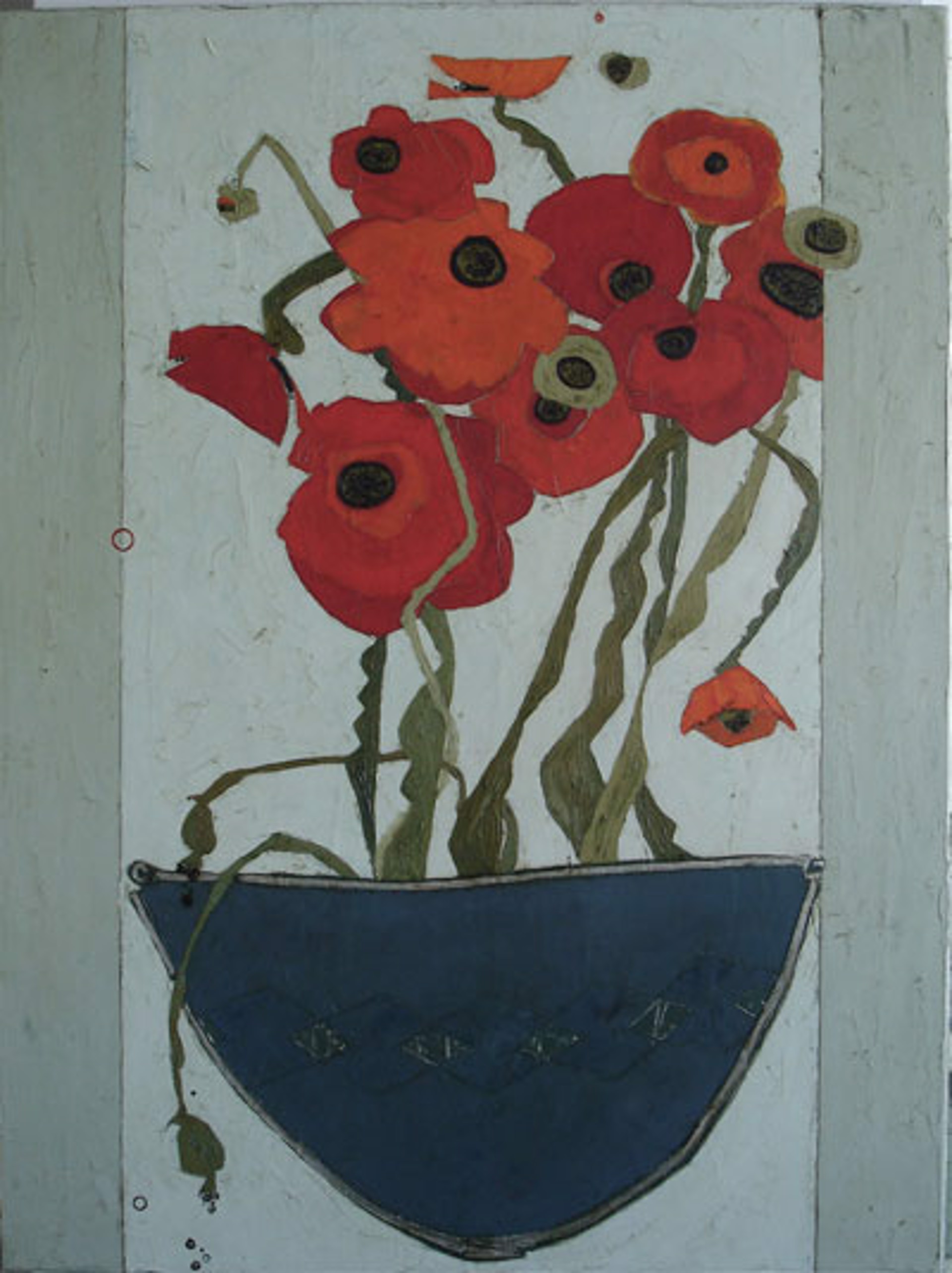 Poppies in Blue Diamond Bowl by Karen Tusinski