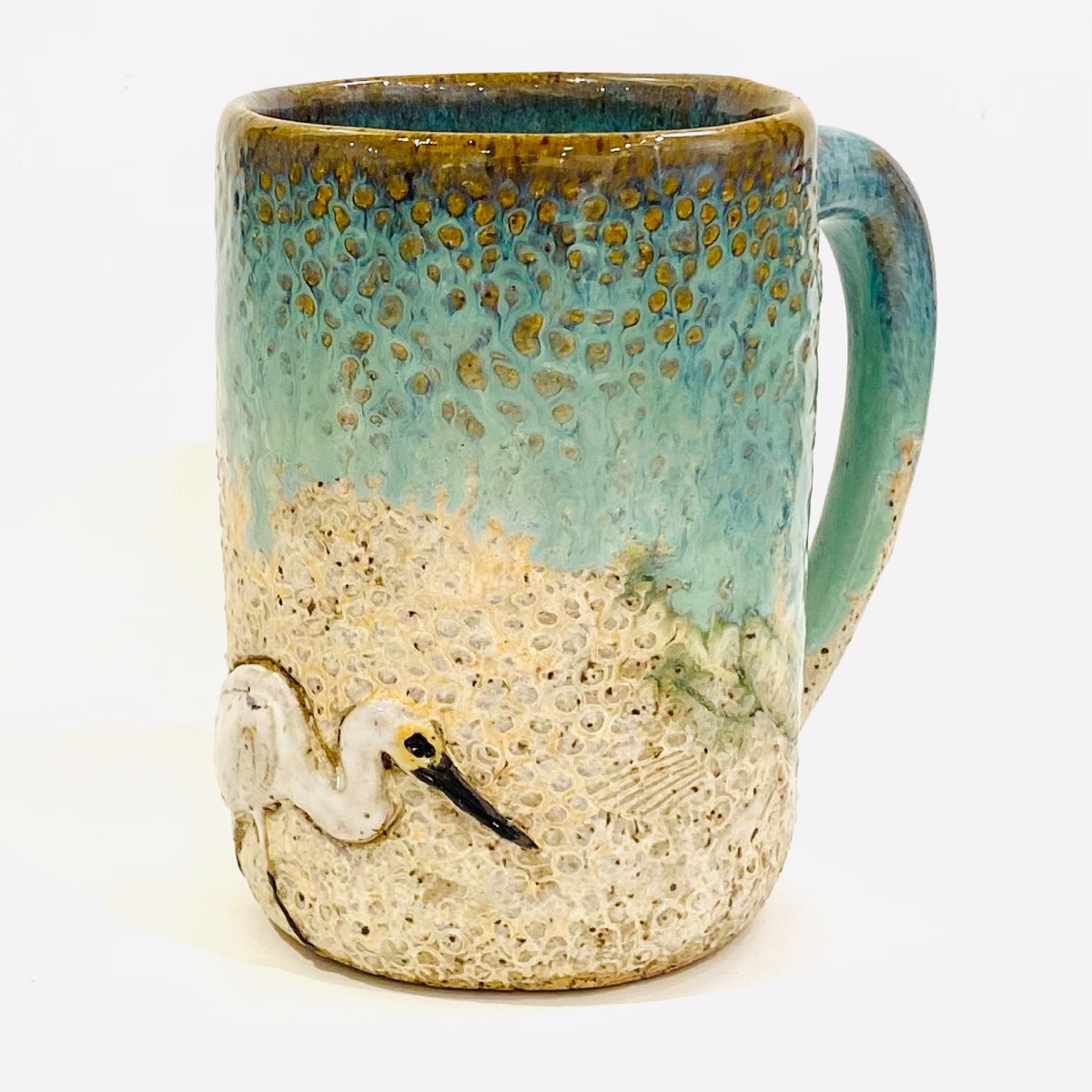 Logan22-864 Mug with Heron (Teal Green Glaze) by Jim & Steffi Logan
