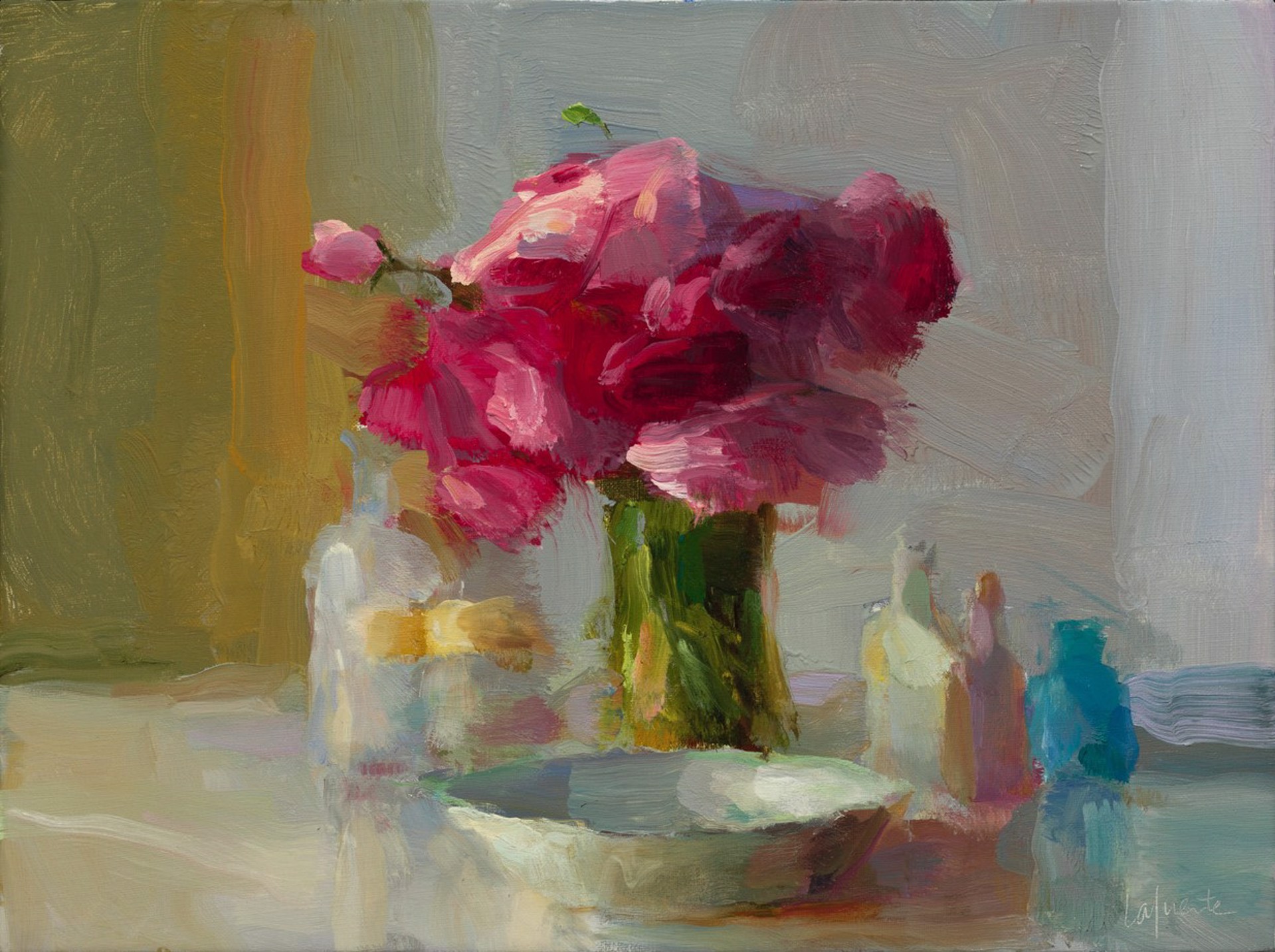 PINK RANUNCULUS AND BOTTLES by CHRISTINE LAFUENTE