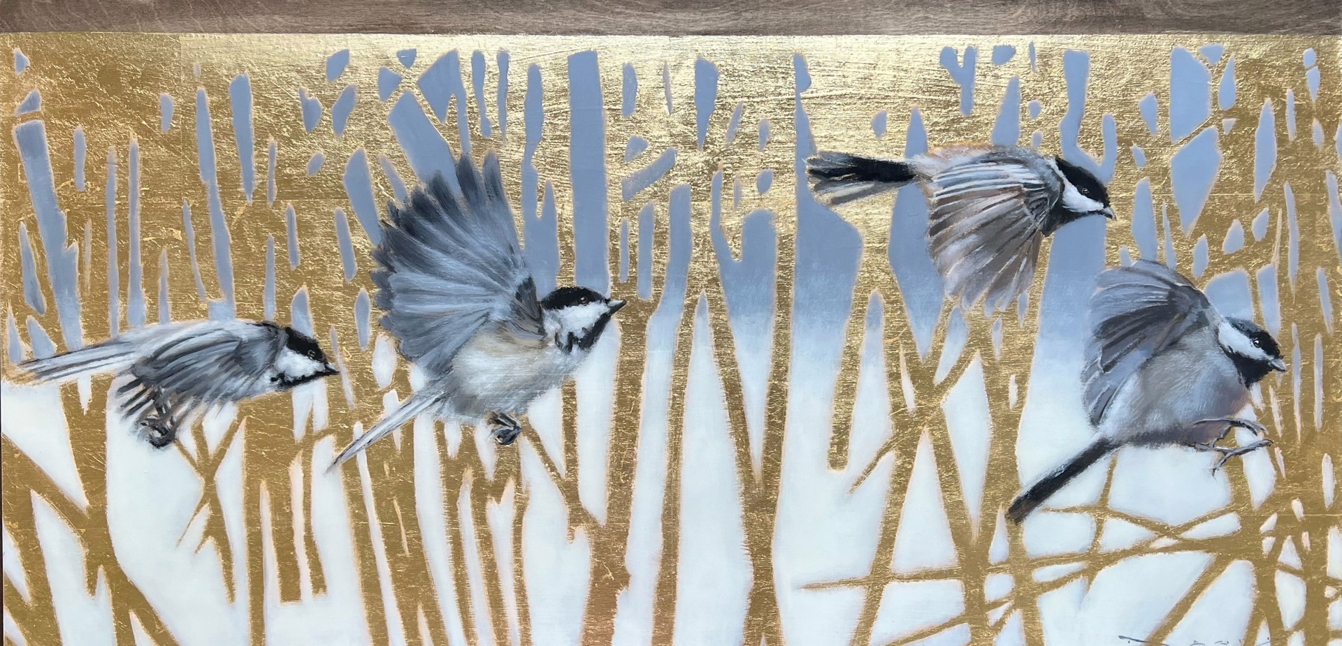 Blue birds and chickadees in reeds by Nealy Riley 