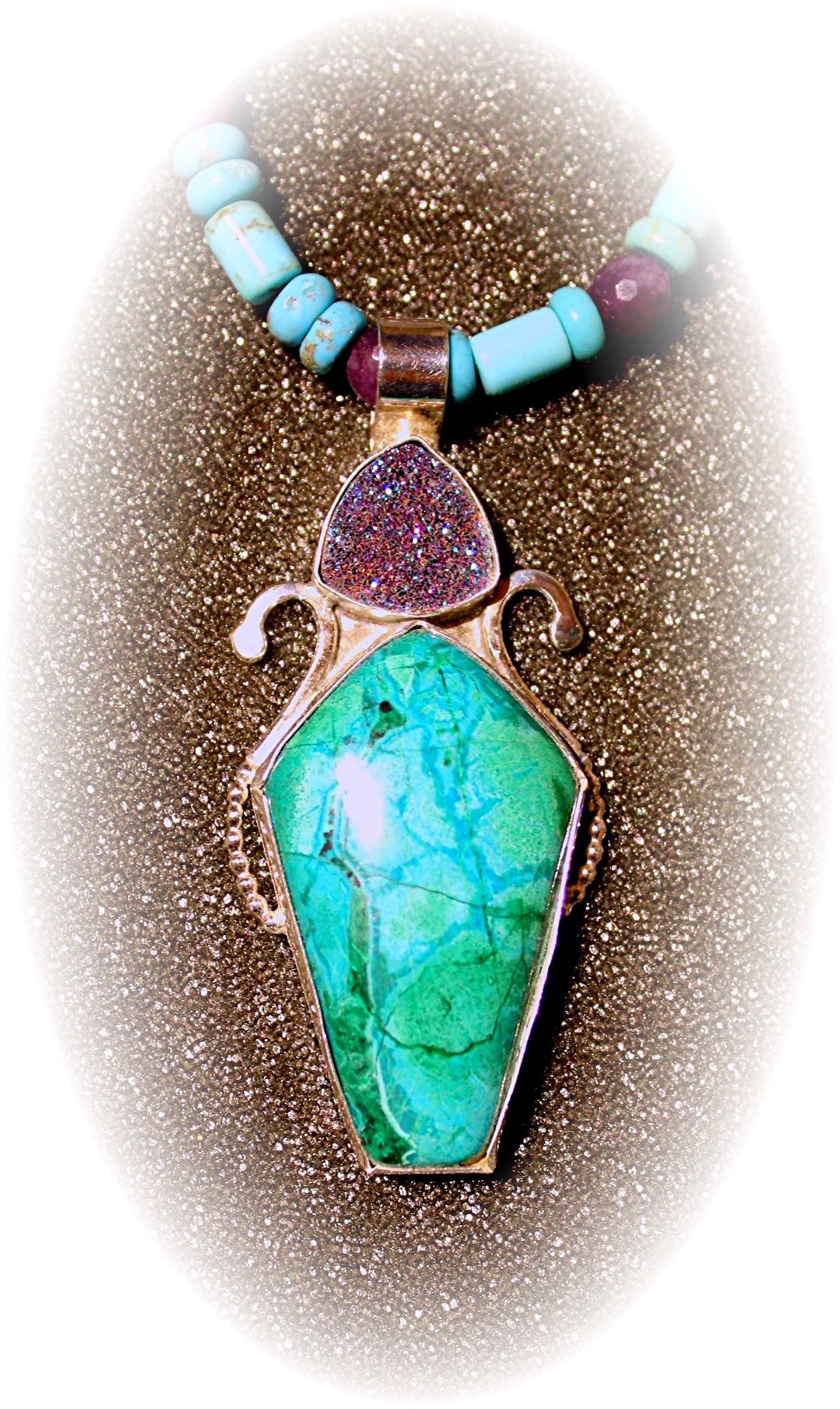 Chrysocolla+Druzy with turquoise and amethyst beads by Michael Redhawk