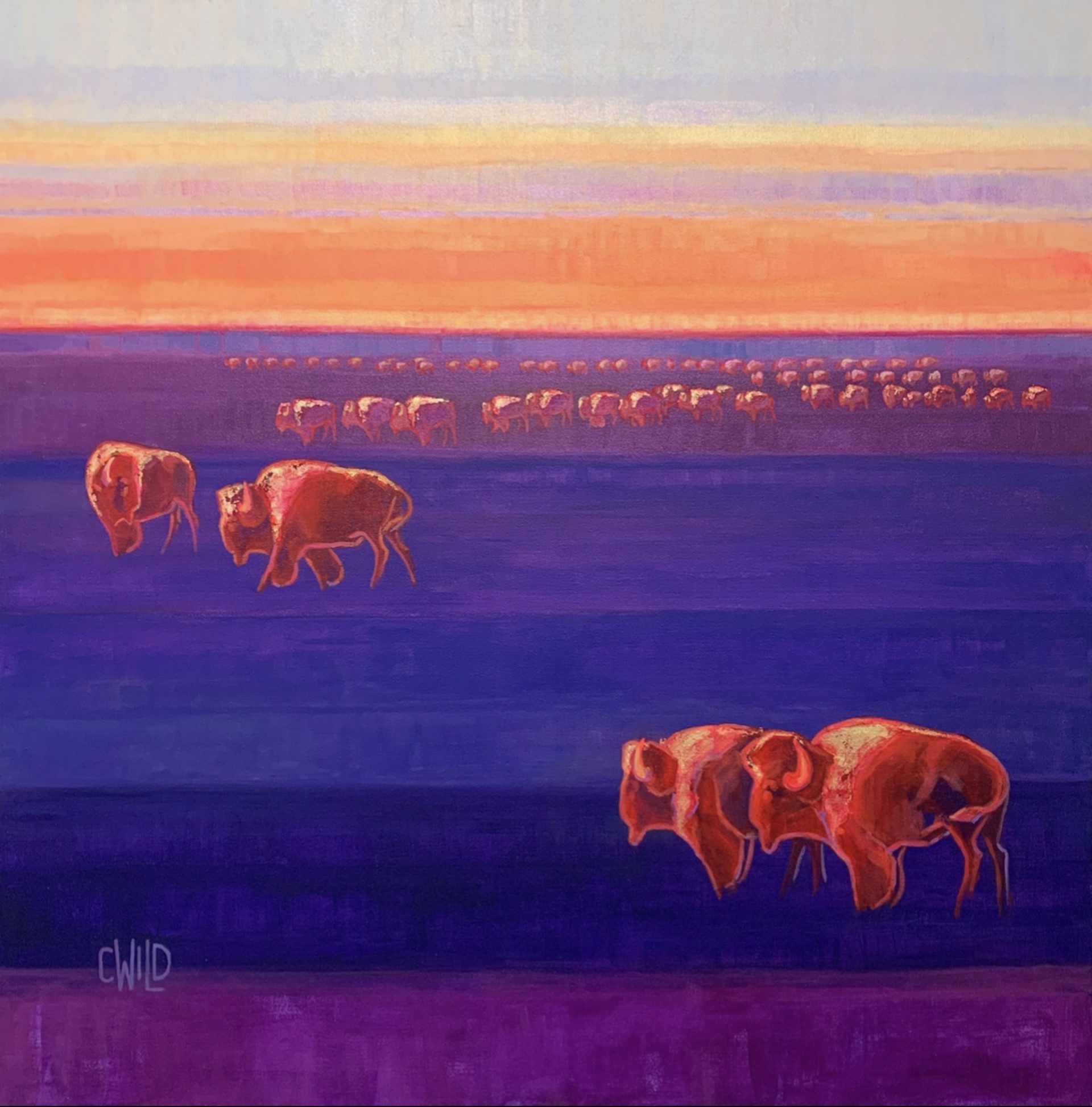 Original Contemporary Painting Of A Herd Of Red Bison Migrating Featuring A Blue Orange And Purple Landscape By Carrie Wild Available At Gallery Wild