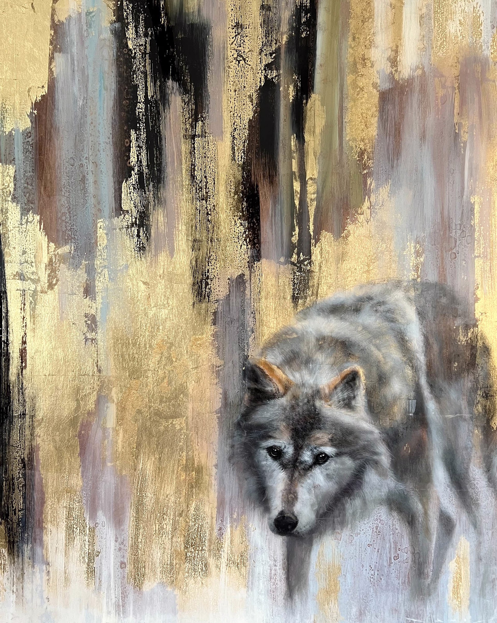 Original Acrylic Painting Featuring A Gray Wolf Over Abstract Gold Black And Gray Background