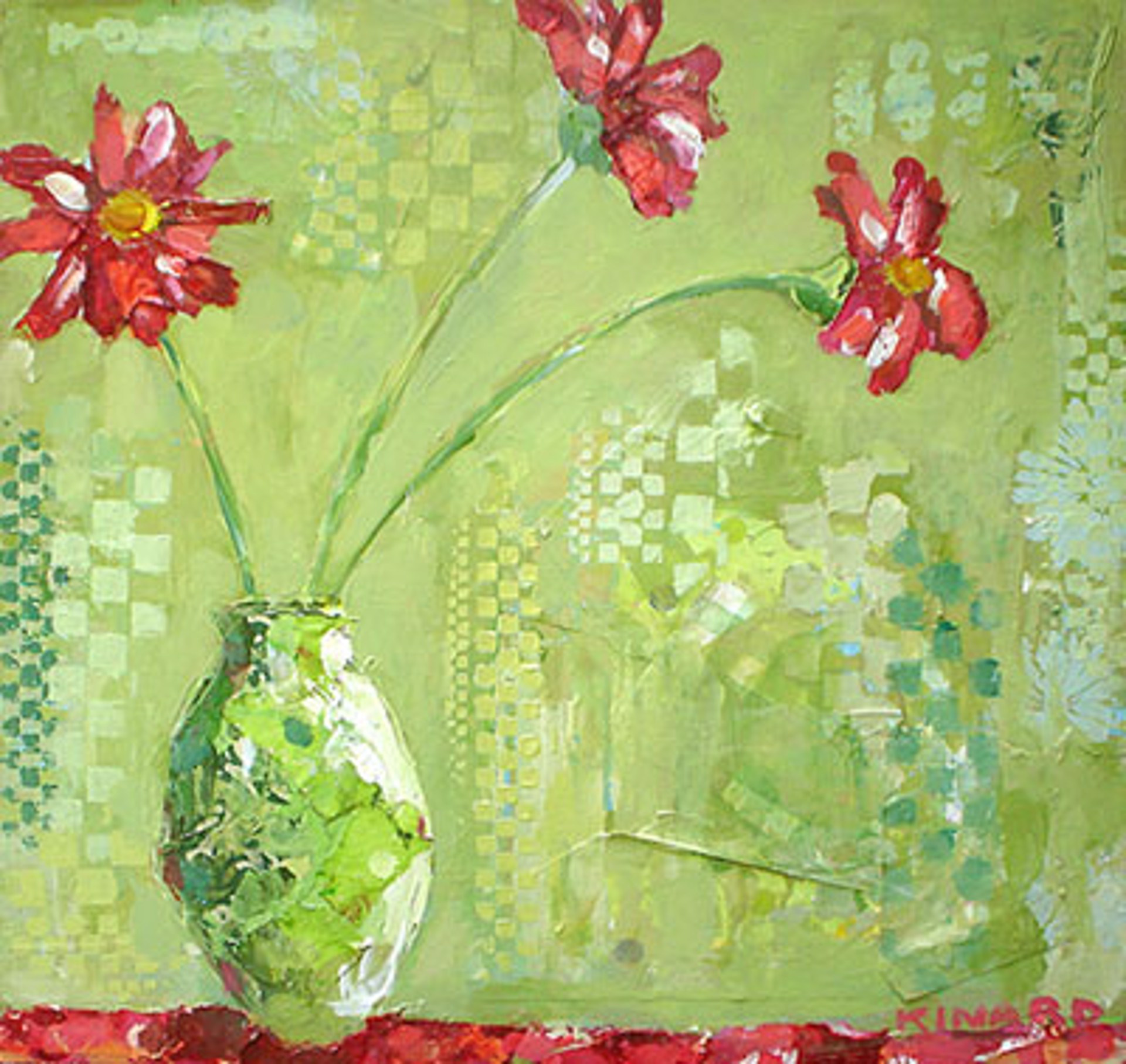 Red Gerbers On Olive by Christy Kinard