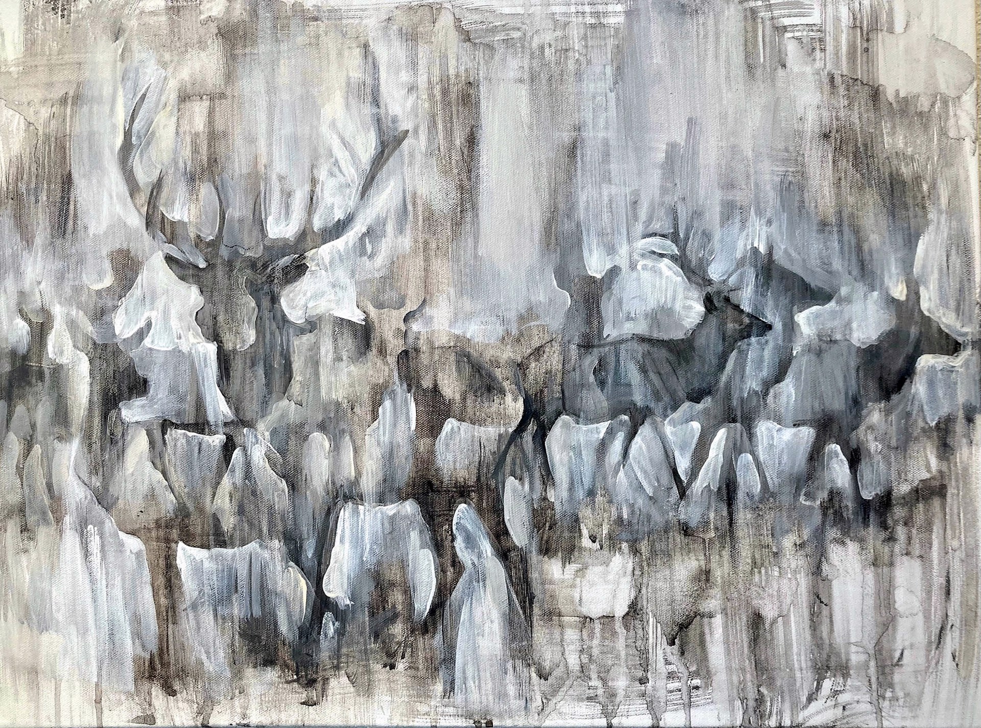 Original Acrylic Painting By Taryn Boals Featuring A Herd Of Elk In Shadows And Overlays In Black And White