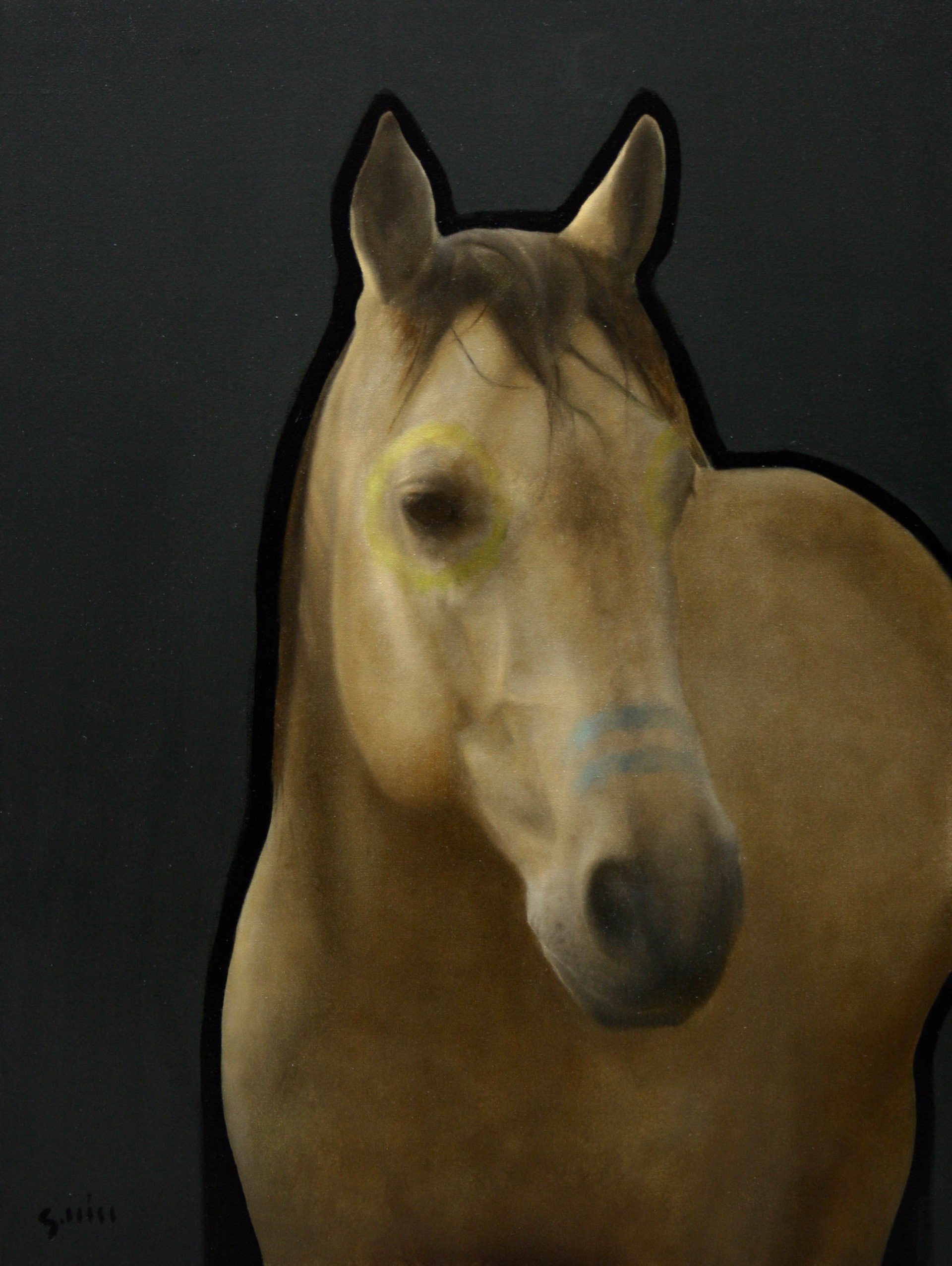 A Contemporary Painting Of A Buckskin Horse With War Paint 