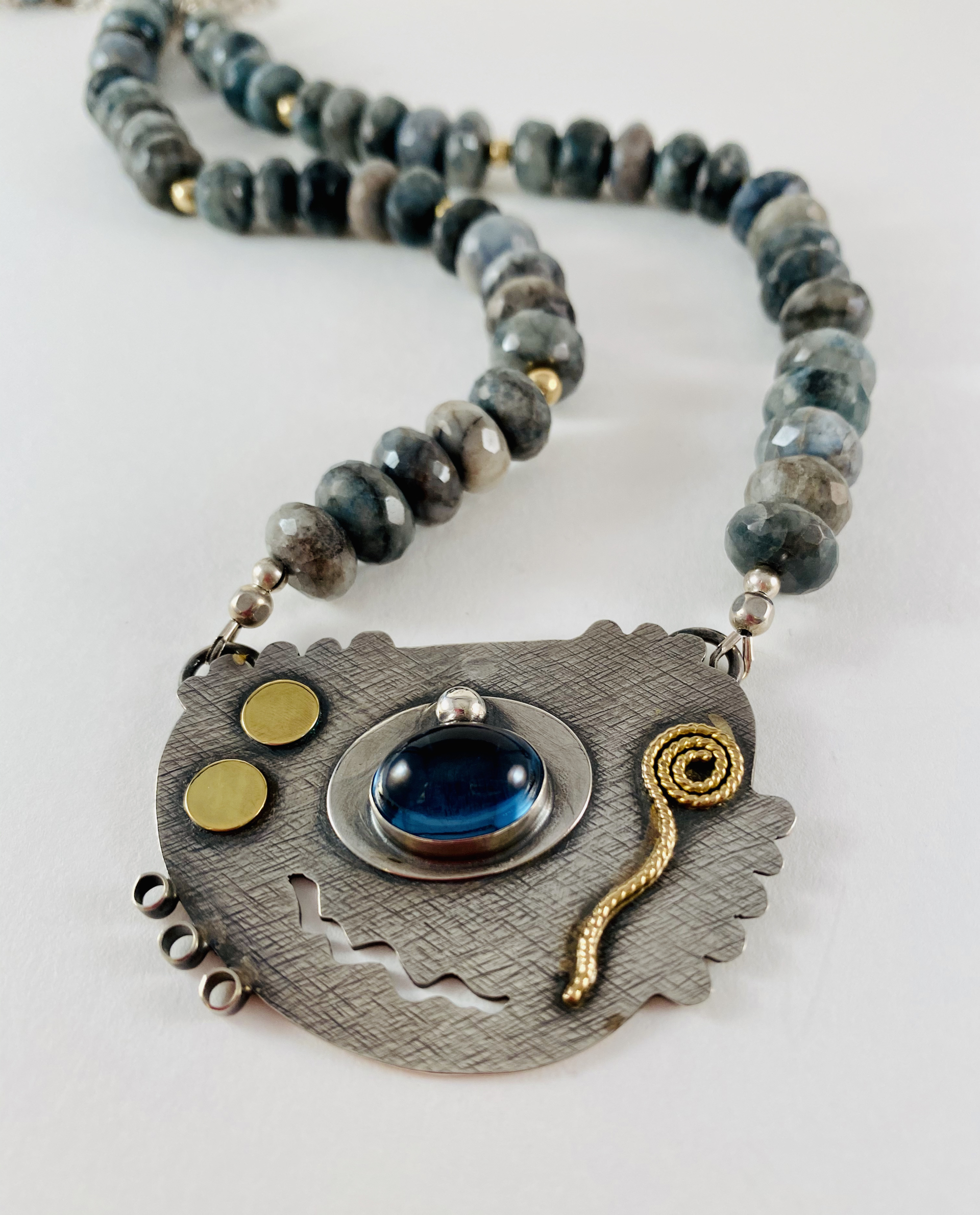Blue Topaz Pendant with 14k,18k Gold Accents, Faceted Chrysocola 14k Bead Necklace AB19-32 by Anne Bivens