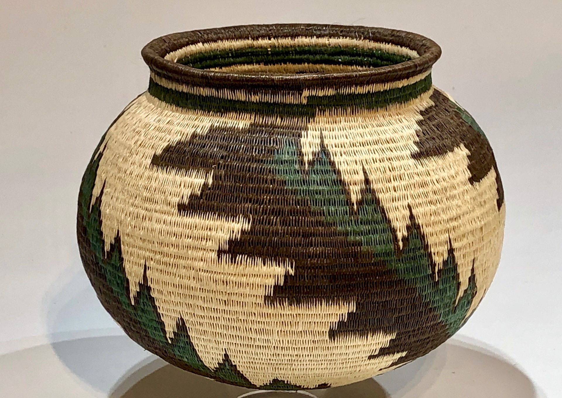 Green, white and black Feather Basket (2040) by Wounaan & Embera Panama Rainforest Baskets Wounaan