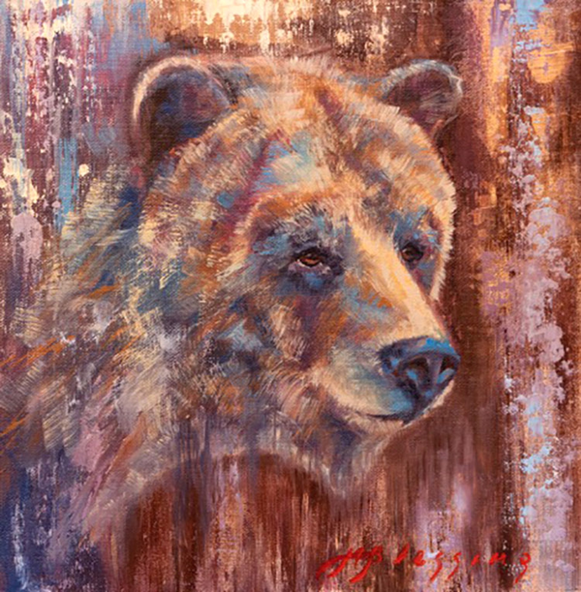 Original Oil Painting Featuring A Grizzly Bear Portrait Over Neutral Abstract Background