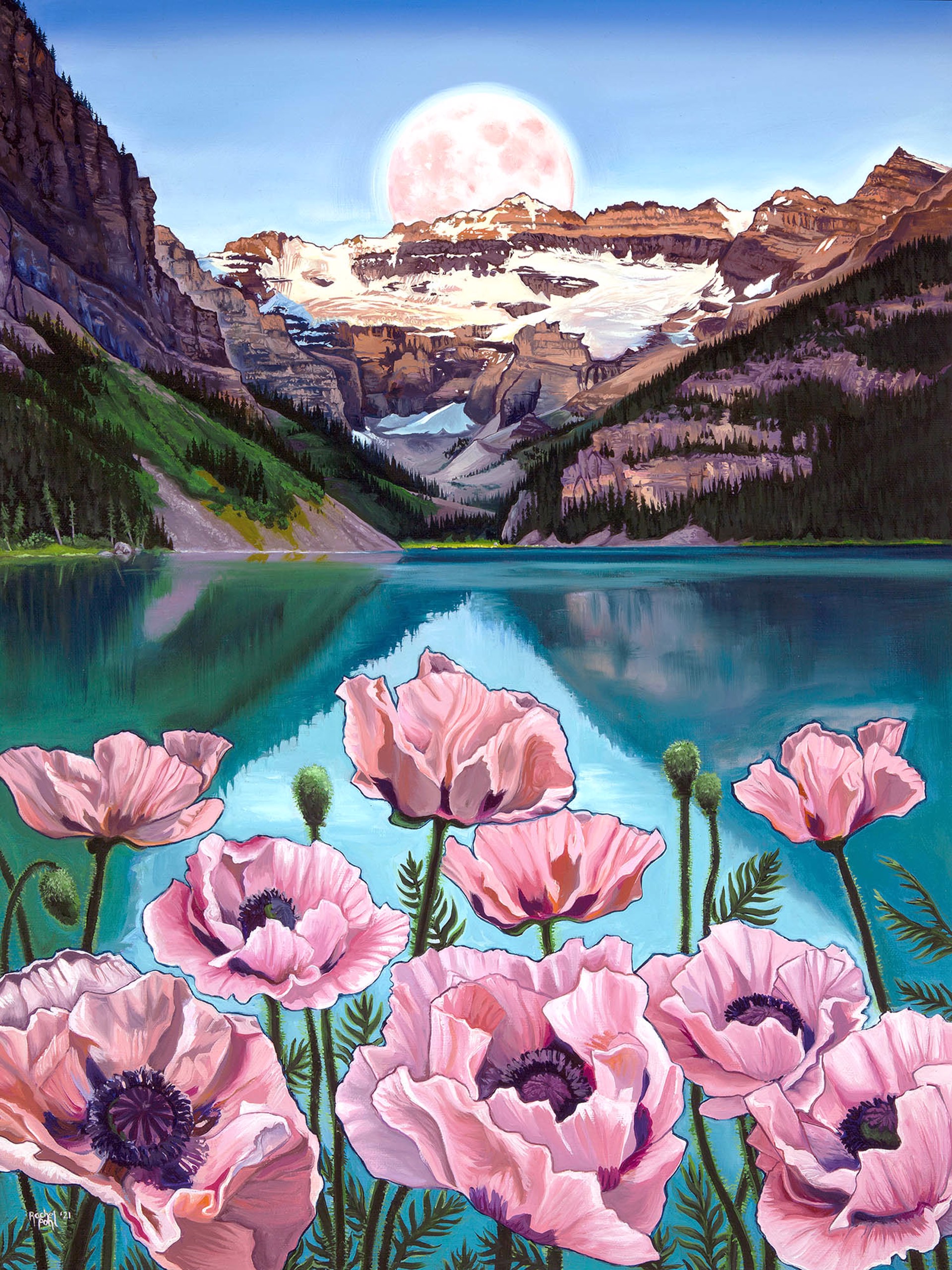 Mountain Landscape Under Moonlight With Pink Poppies And An Alpine Lake