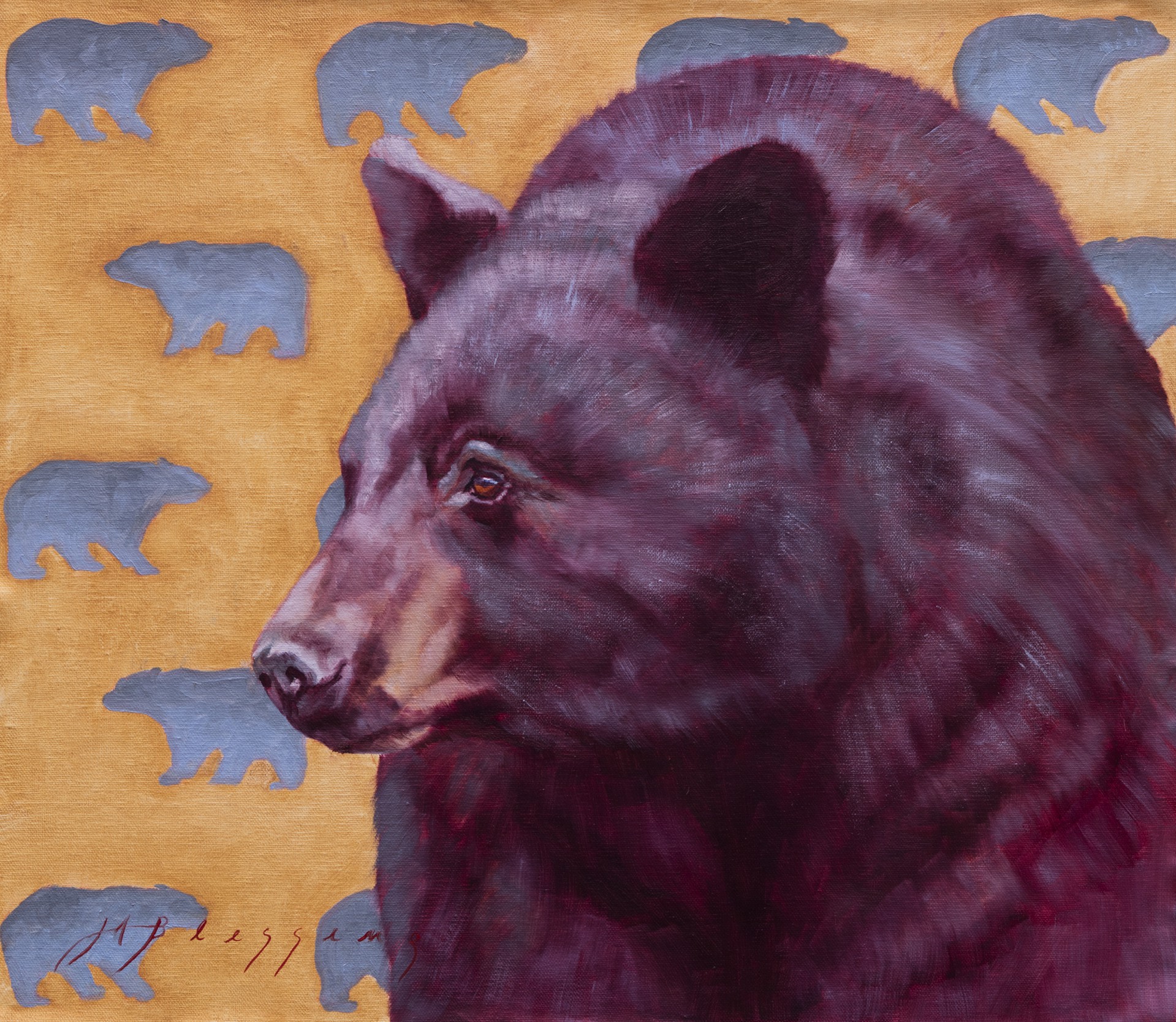 An Oil Painting Of A Black Bear Portrait With A Yellow Background With Patterned Rows Of Blue Bear Silhouettes, By Meagan Blessing, Available At Gallery Wild