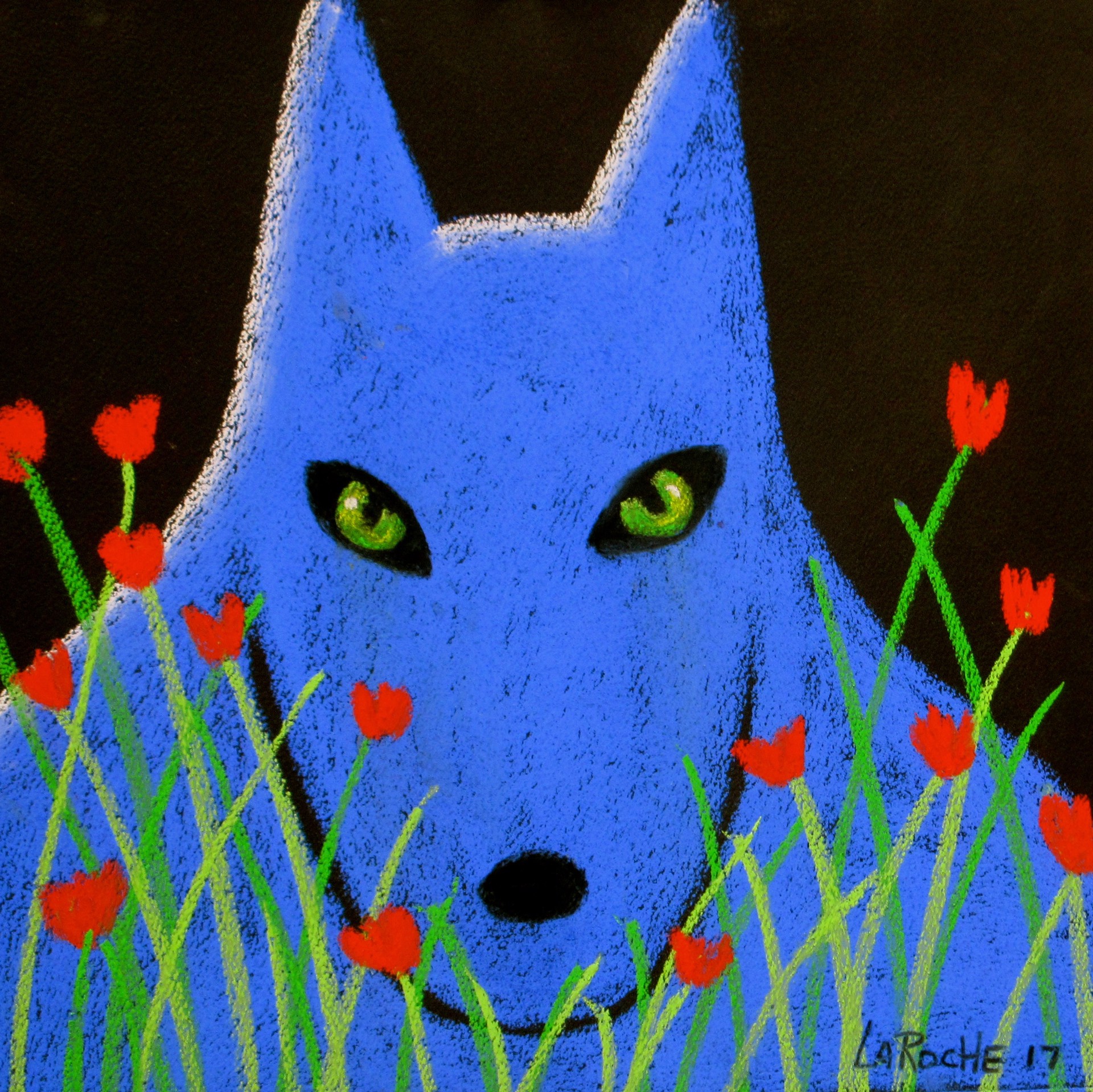 Blue Wolf Red Flowers by Carole LaRoche