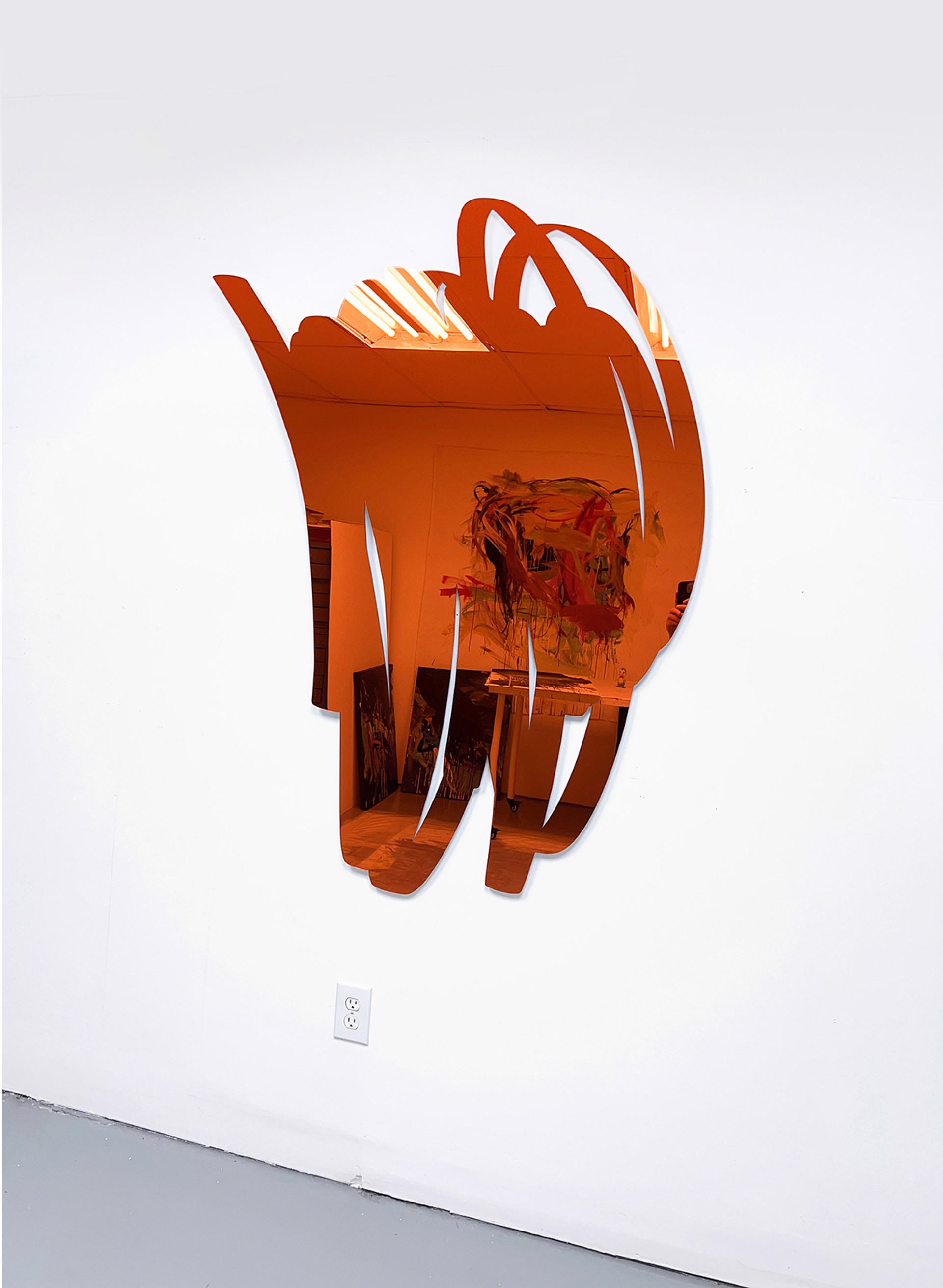 Vertical Scribble Mirror, Orange, Laser cut mirrored acrylic by Ryan Coleman