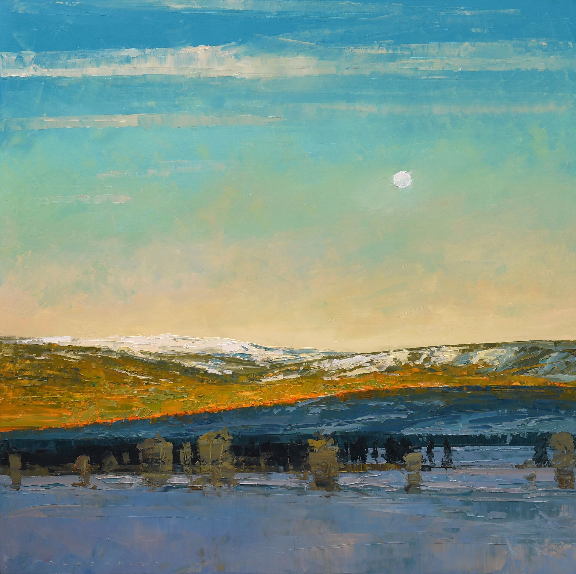 Original Landscape Painting By Caleb Meyer Featuring Shadowed Hillsides At Dusk With A Full Moon