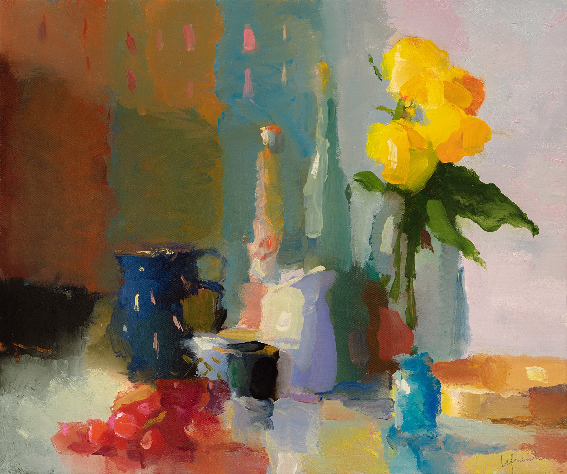 GRAPES, YELLOW ROSES AND PITCHERS by CHRISTINE LAFUENTE