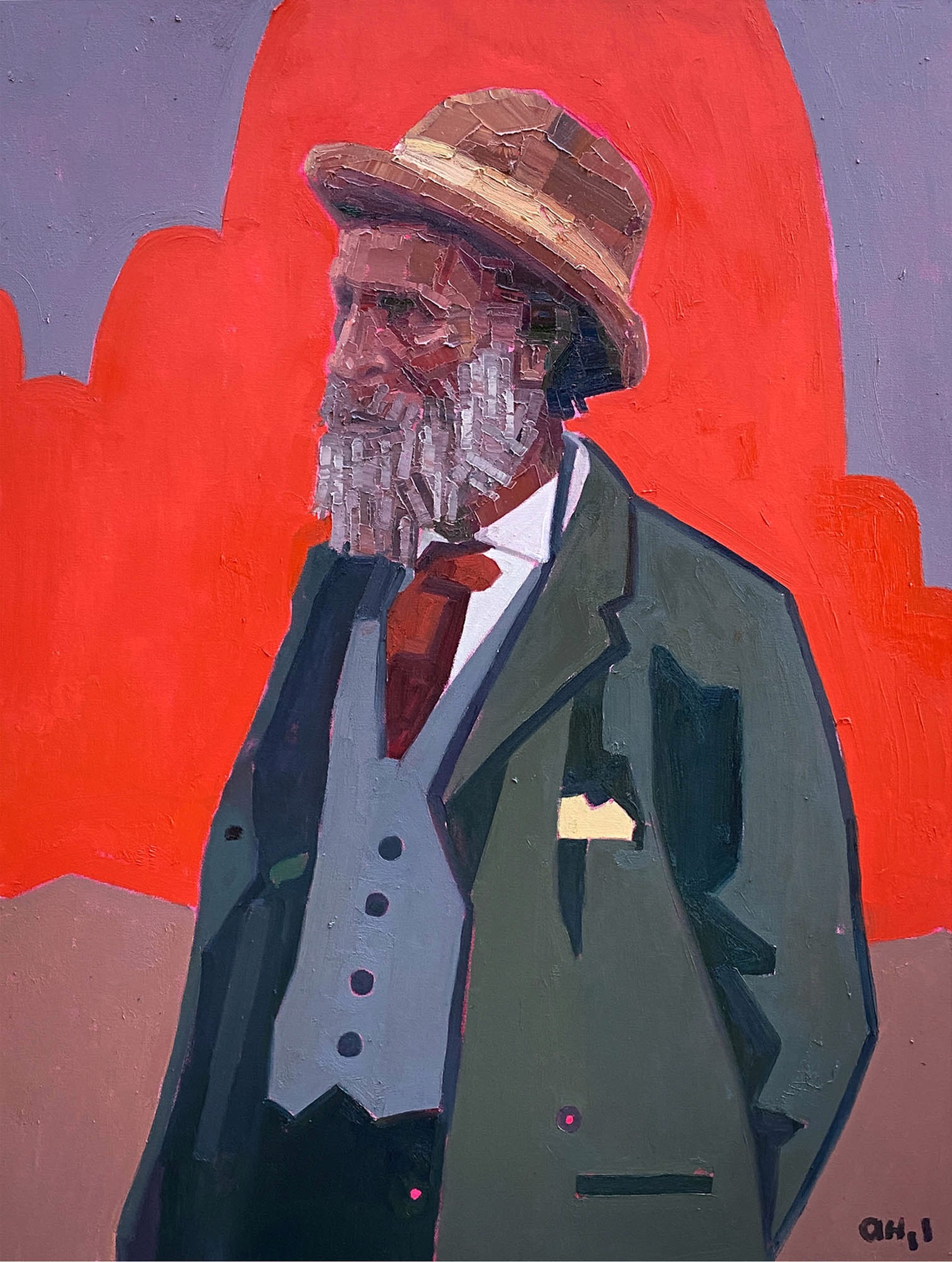 Original Oil Painting Featuring A Portrait Of John Muhr In Palette Knife Style Over Abstract Red Background