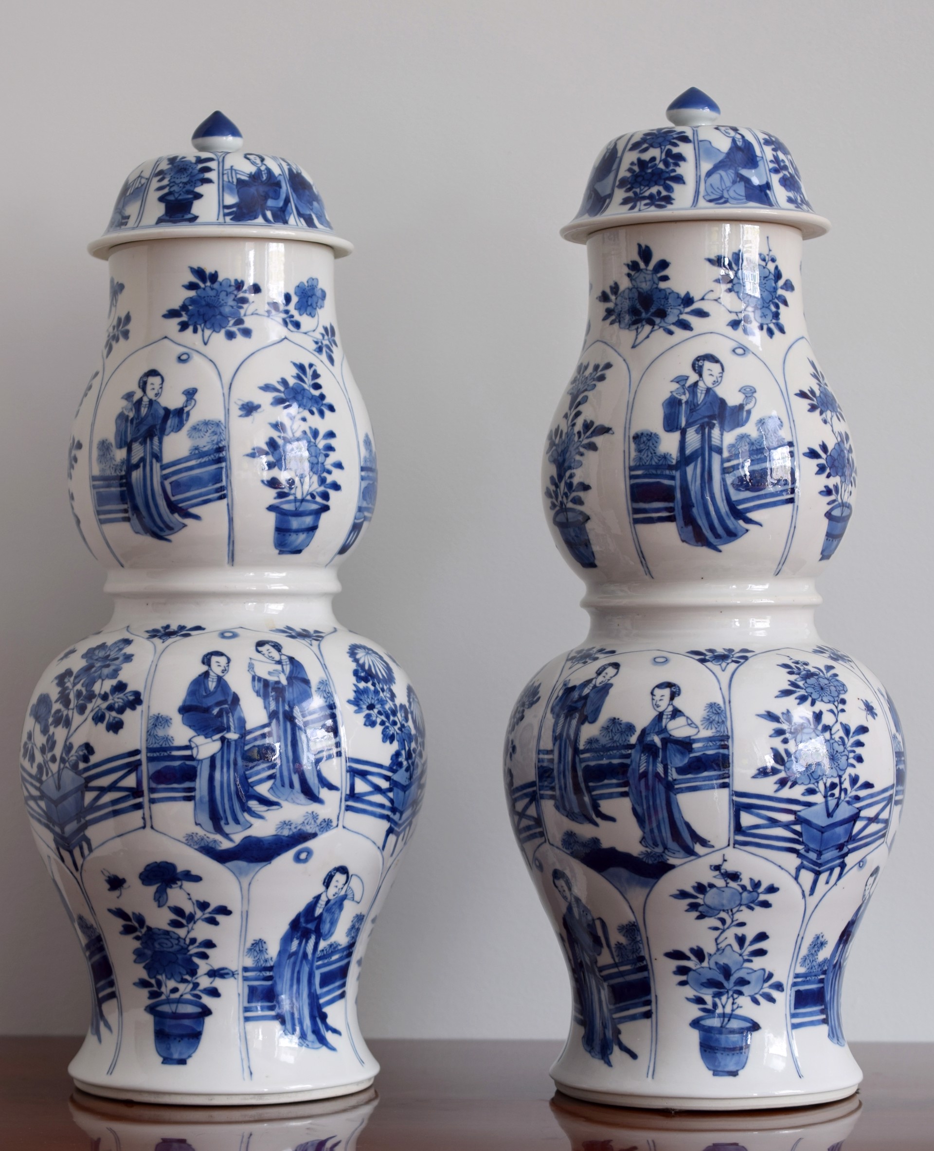 PAIR OF BLUE AND WHITE DOUBLE BALUSTER VASES 