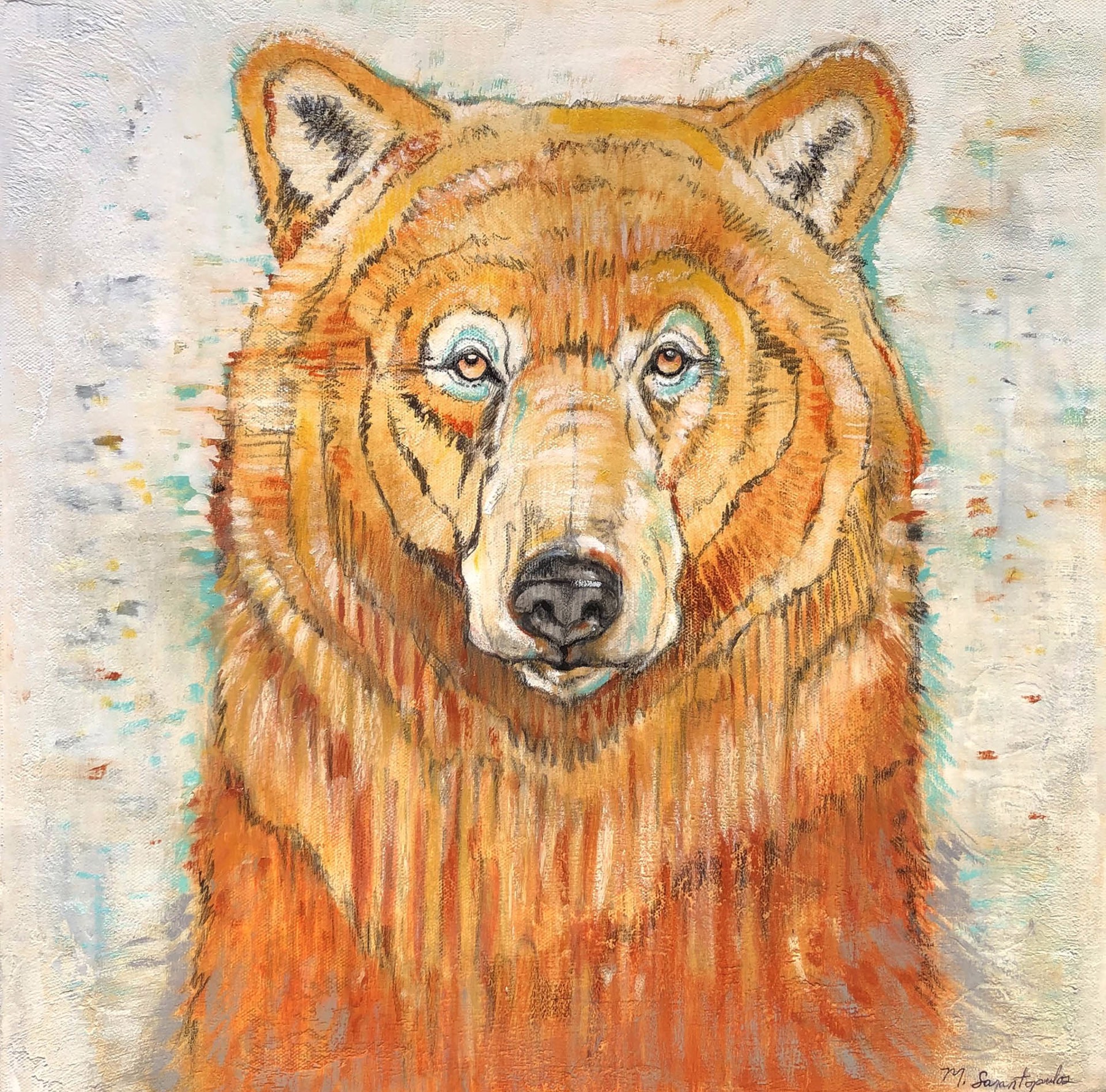 Original Mixed Media Painting Featuring A Bear Portrait In Orange Over Abstract Background