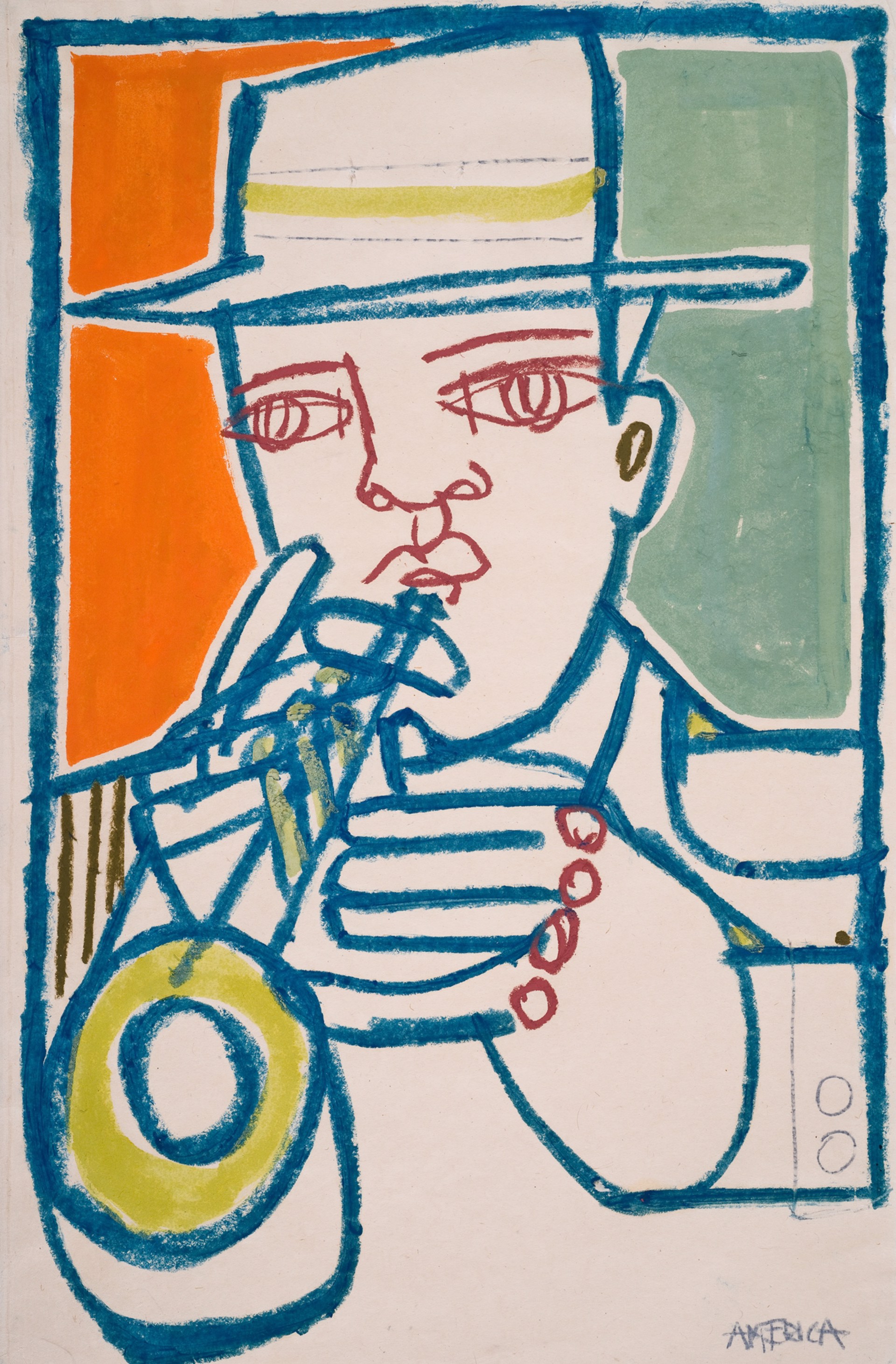 MAN WITH TRUMPET AND GREEN HAT by AMERICA MARTIN