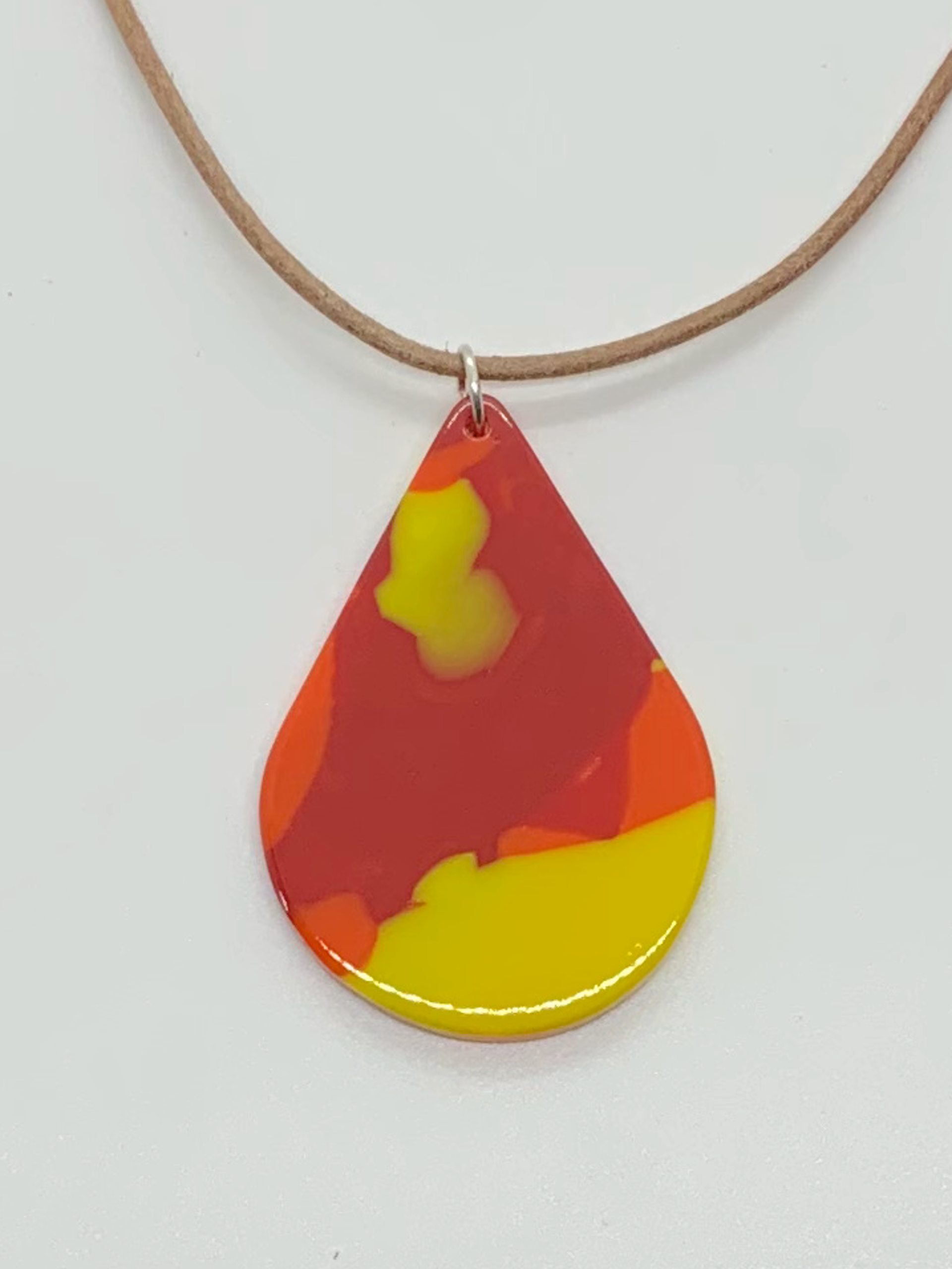 Molten Glass Necklace Teardrop - Red, Yellow, Orange Gloss by Chris Cox
