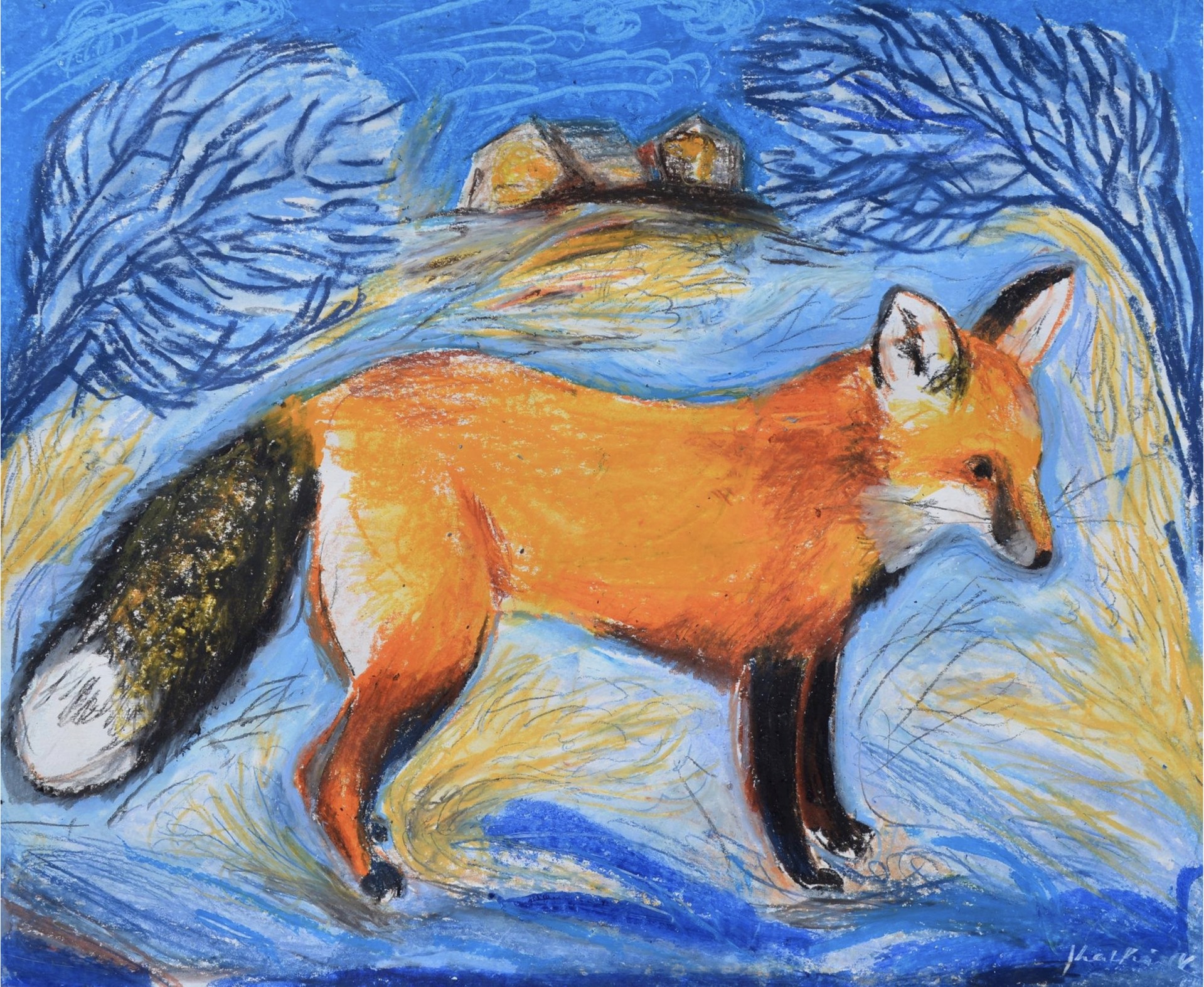 Red Fox Surrounded by Snow & Golden Grass by Kat Kinnick