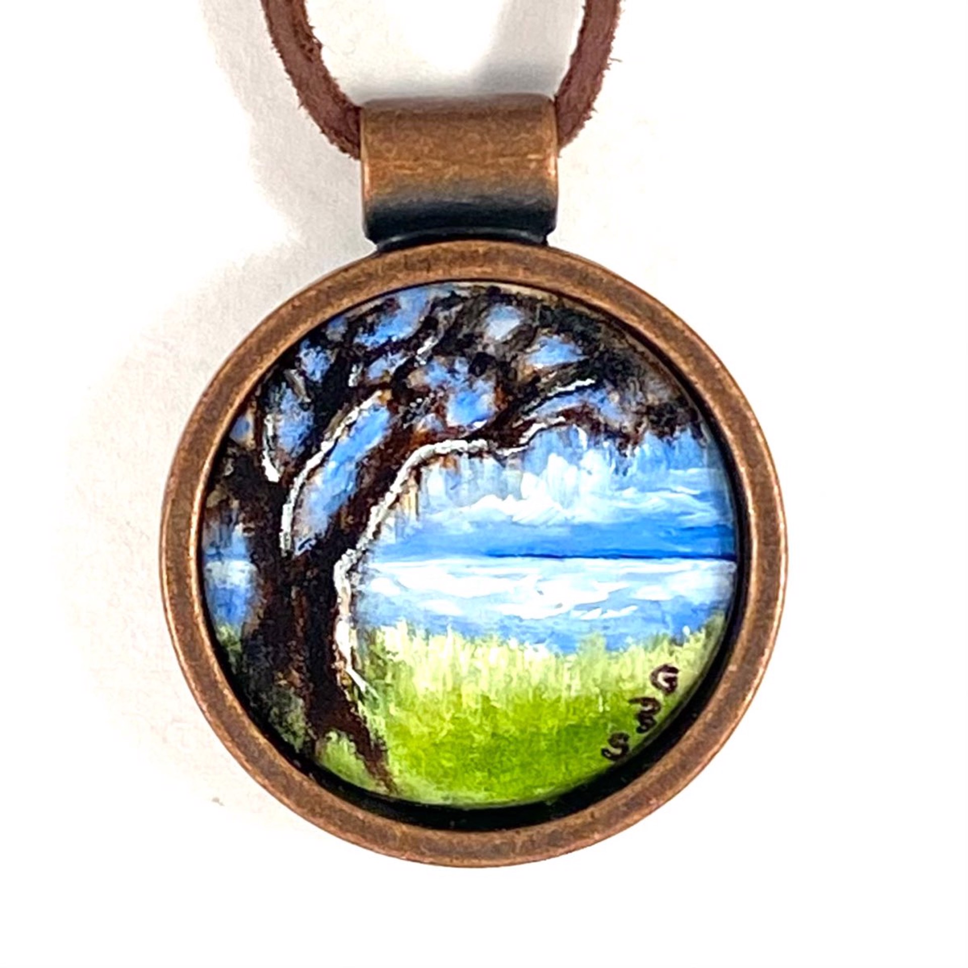 BS22-10  Oak Tree by the Water-pendent on leather by Barbara Sawyer