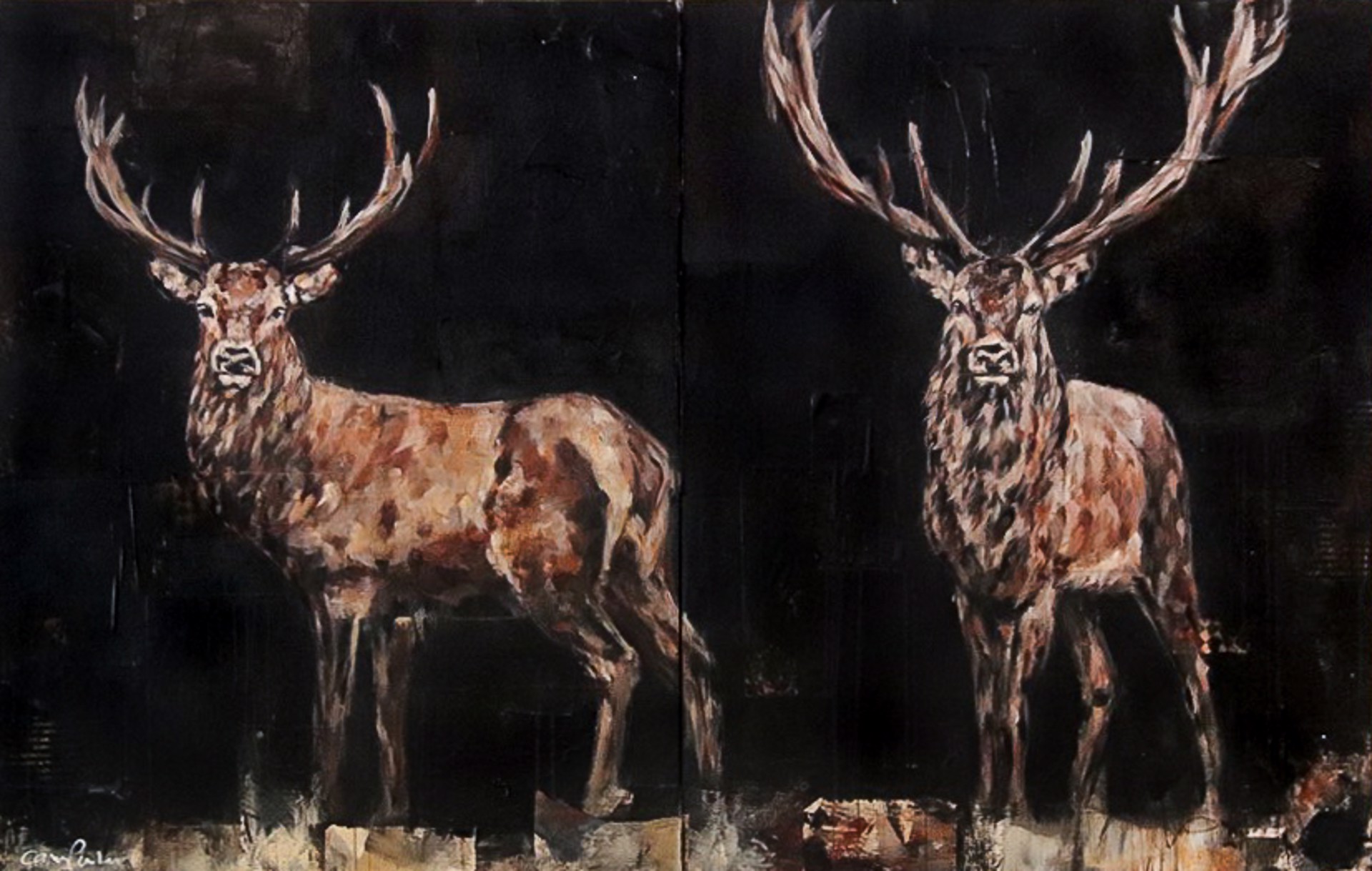 Diptych Of Two Deer On Black Background With Collage