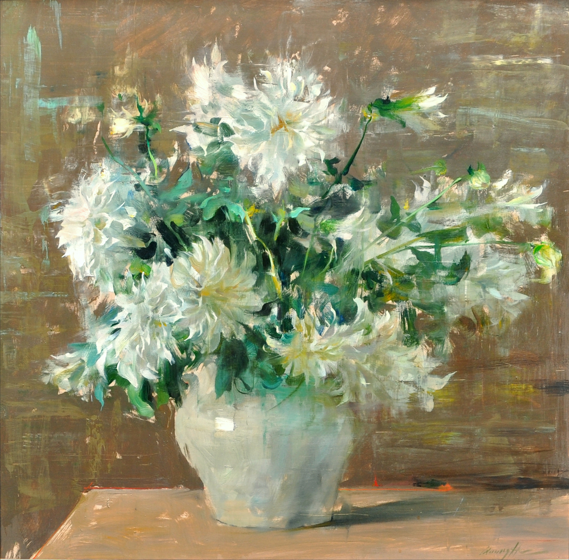Dahlias in White Vase by Quang Ho