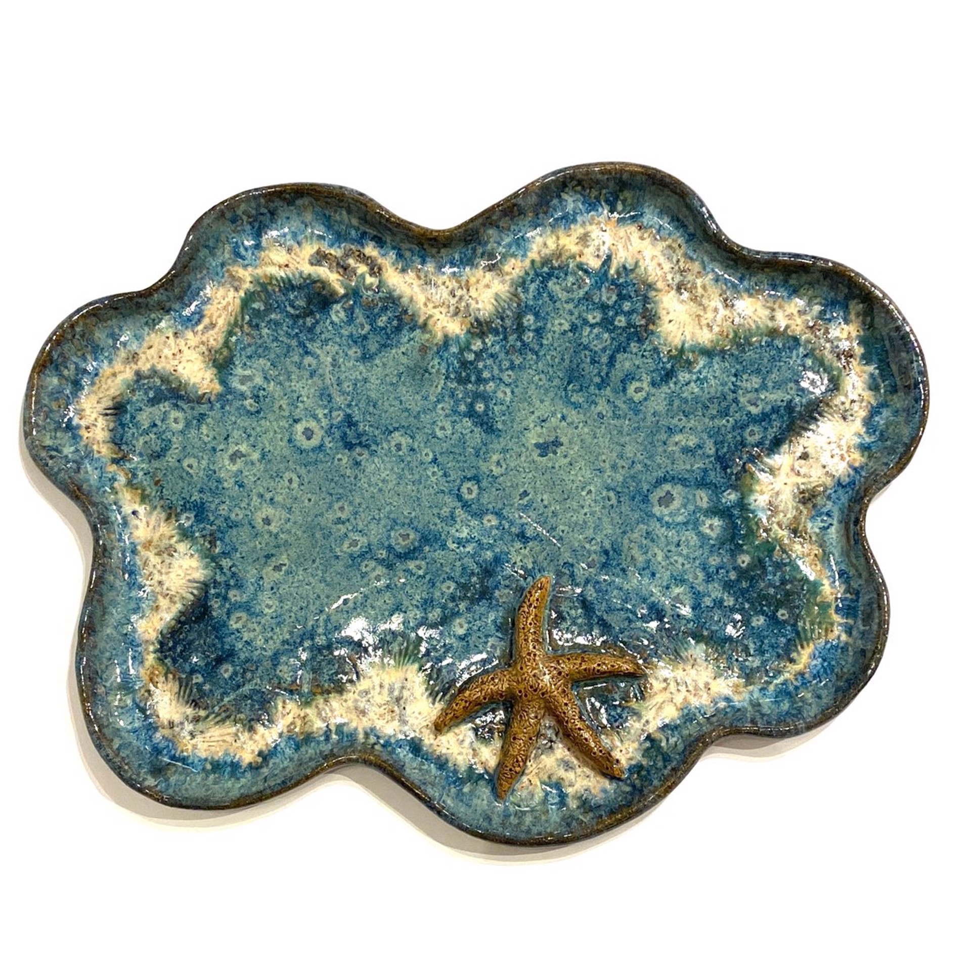 LG23-1019 Small Platter with Starfish (Blue Glaze) by Jim & Steffi Logan
