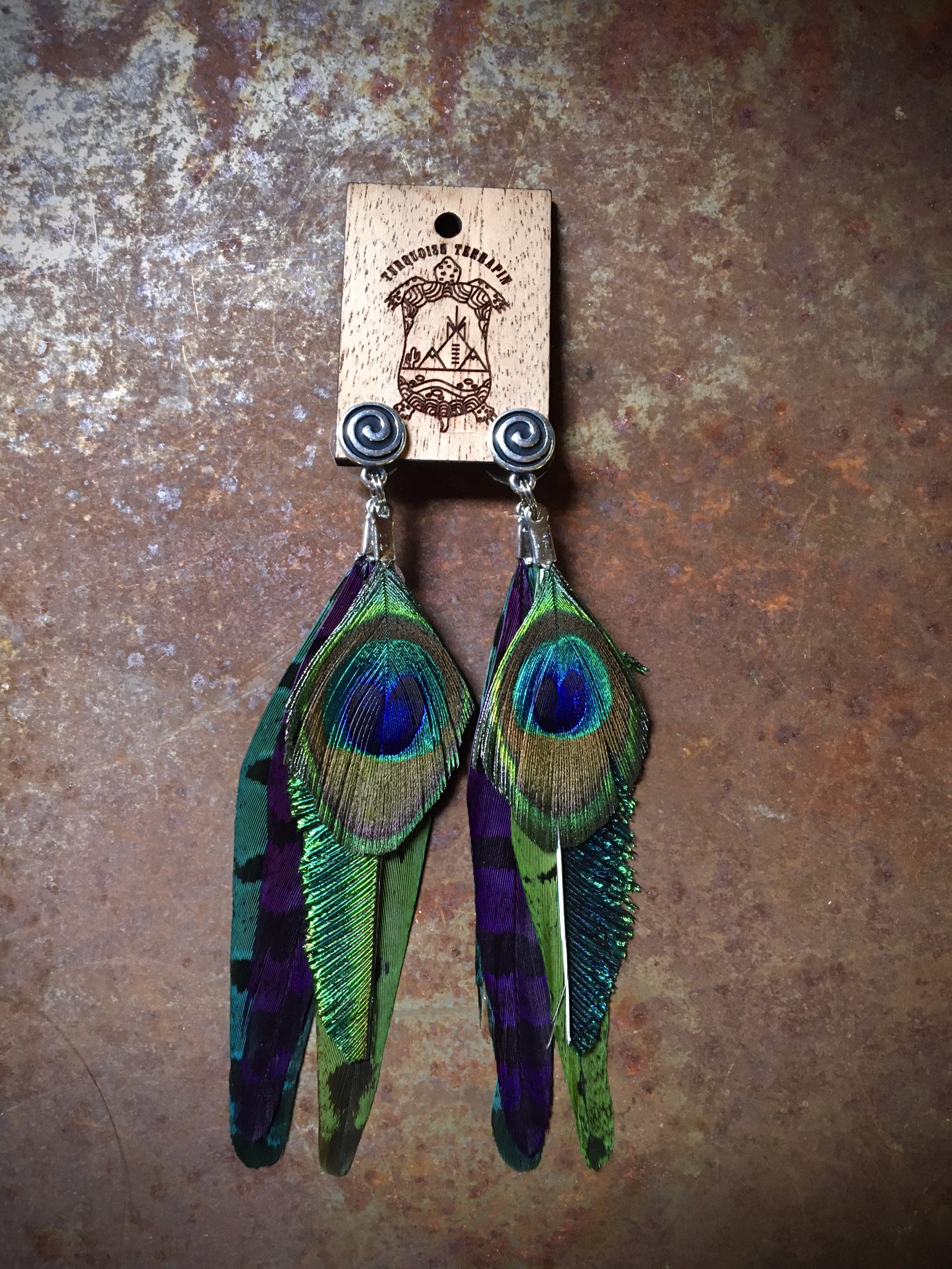 K353 Peacock with Purple Pheasant Feather Earrings by Kelly Ormsby