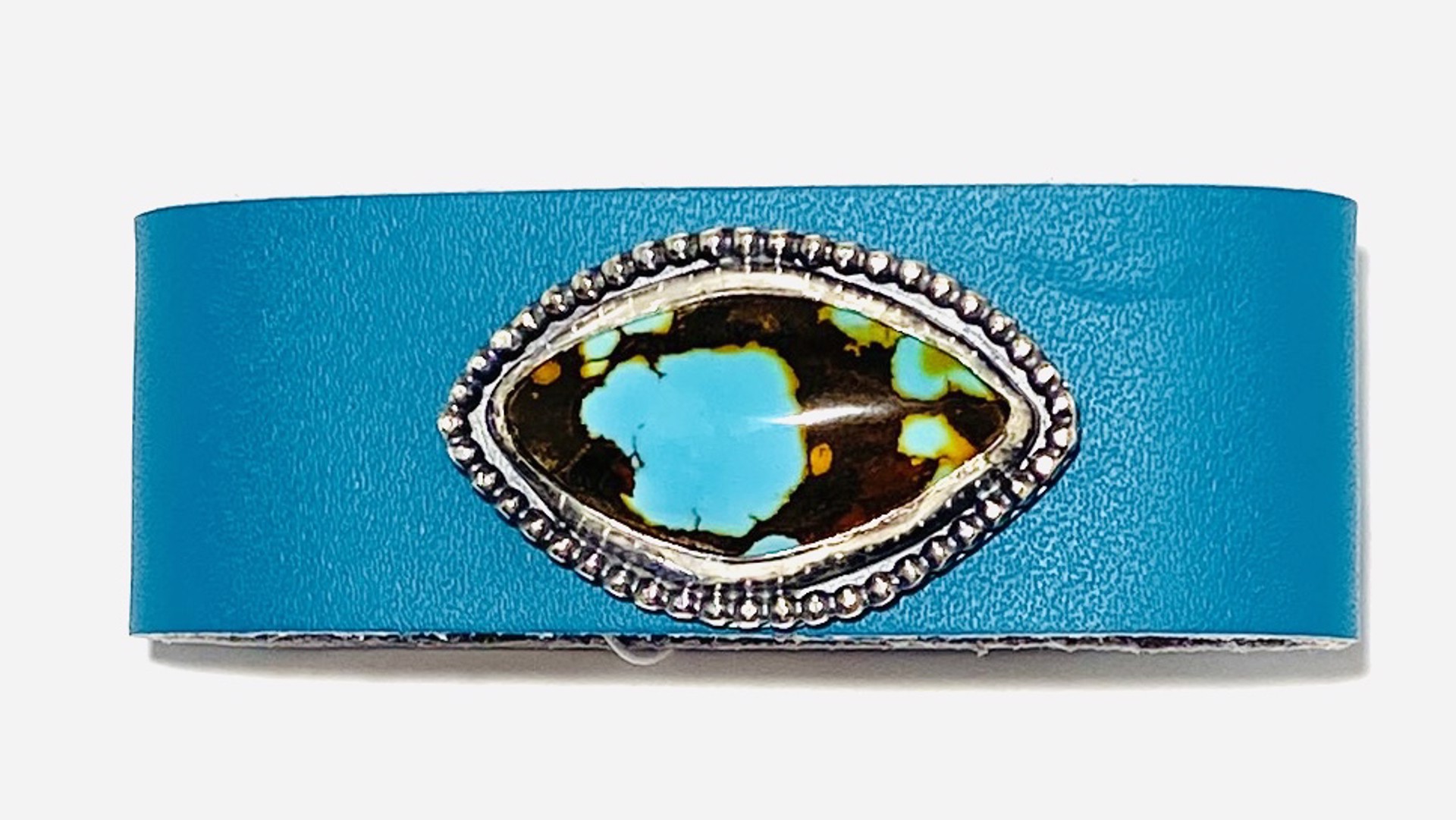 AB23-27 Marquis Turquoise with Bead Bezel on Teal Leather Bracelet by Anne Bivens