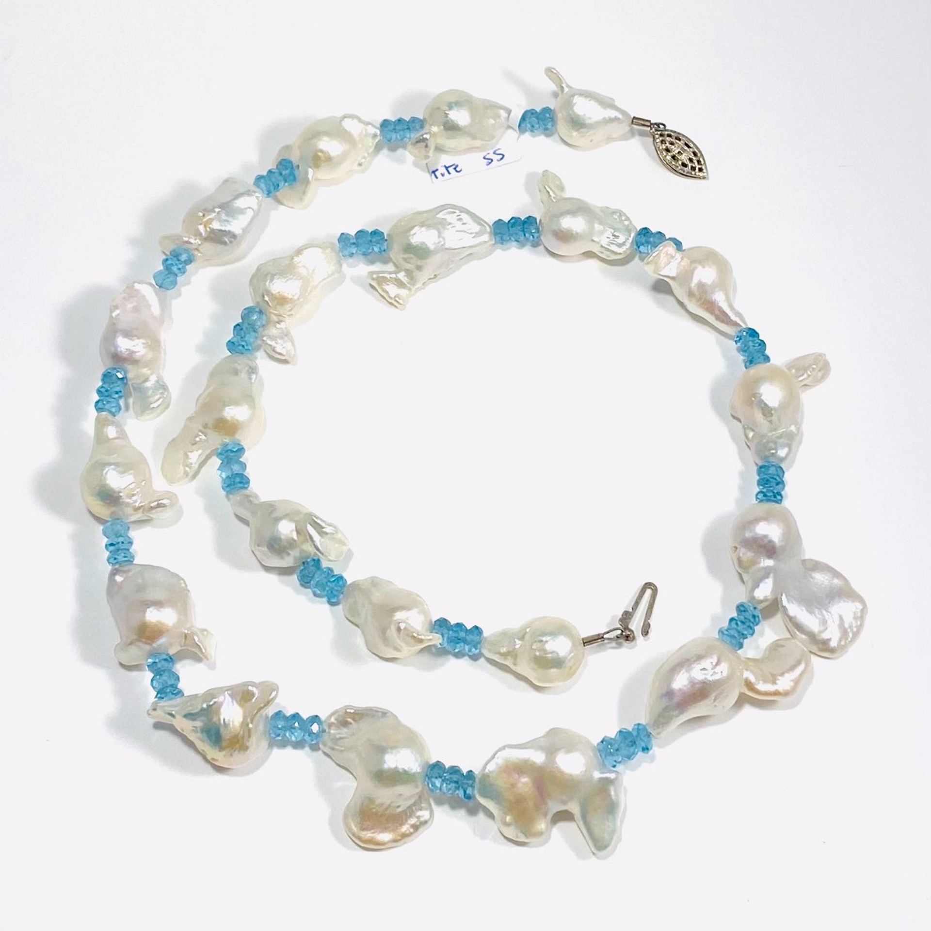 NT20-21 Baroque Pearl, Faceted Apatite Necklace by Nance Trueworthy