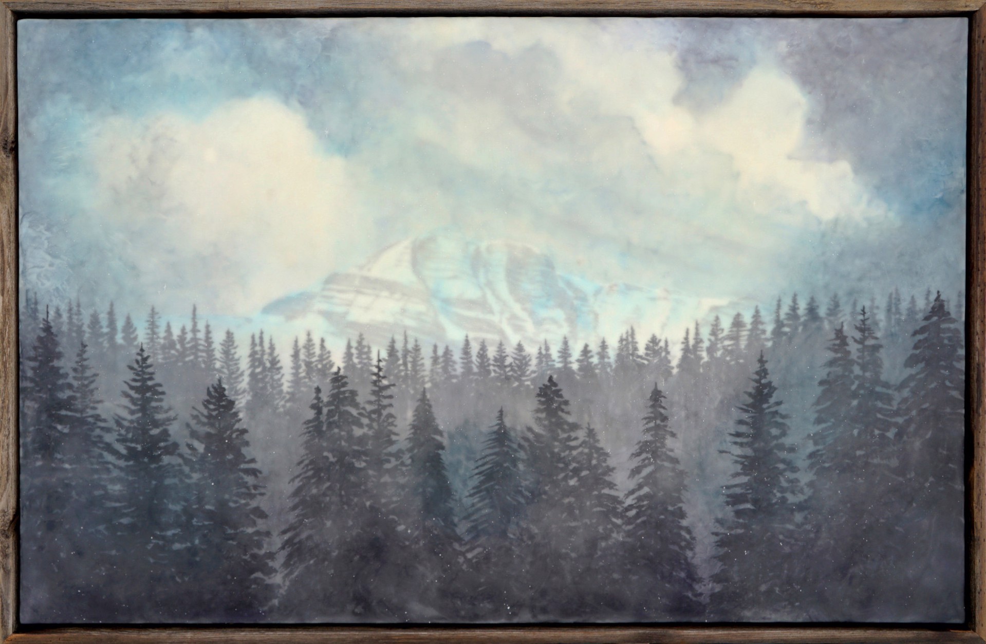 An Original Encaustic And Milk Paint Painting Of Rendezvous Mountain On A Moody Misty Day With Layered Depth Of Trees In The Foreground, By Bridgette Meinhold