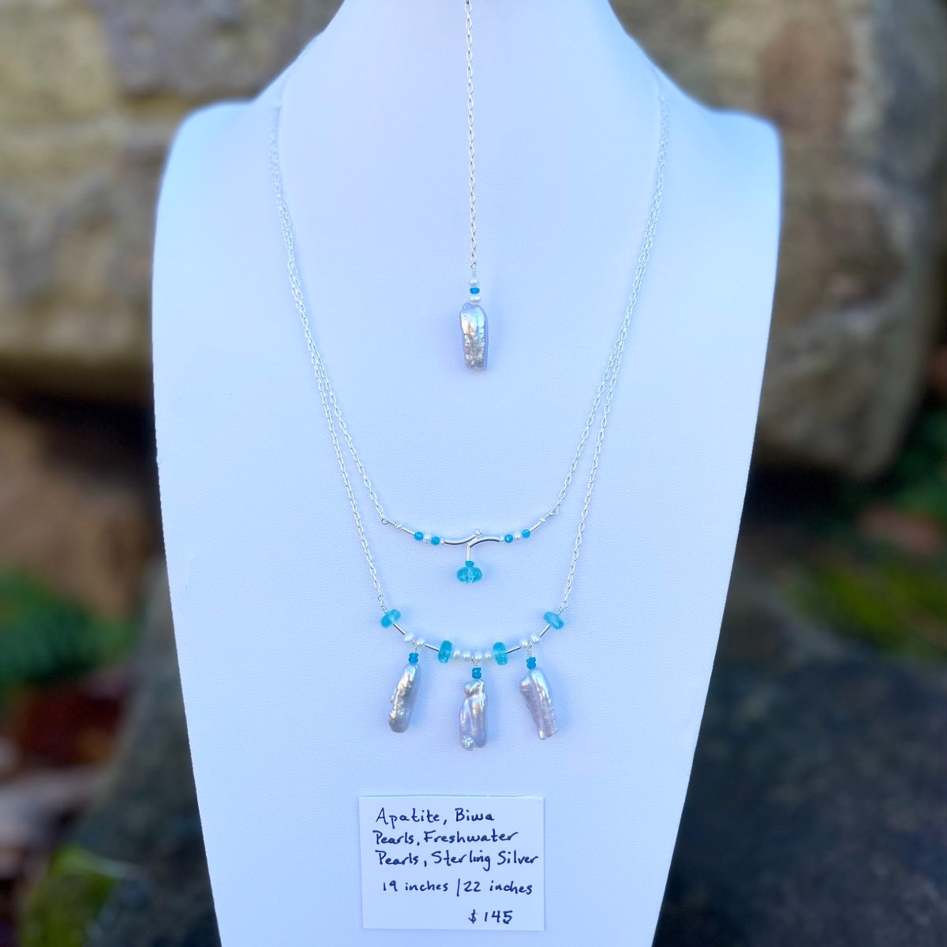 Apatite, Silver Biwa Pearls, Freshwater Pearls, & Sterling Silver Infinity Pendant Necklace Set by Lisa Kelley