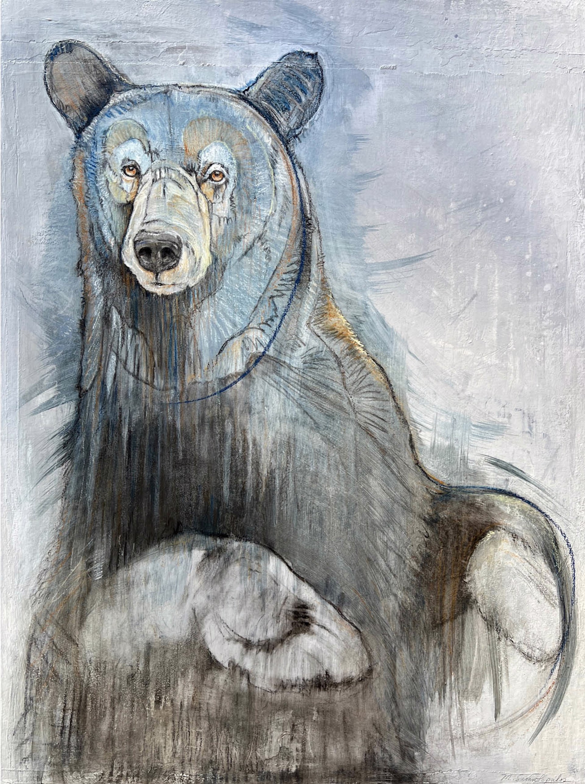 Original Mixed Media Painting Featuring A Standing Black Bear From The Waist Up Sketched On Top Of Abstract Background In Blues And Grey
