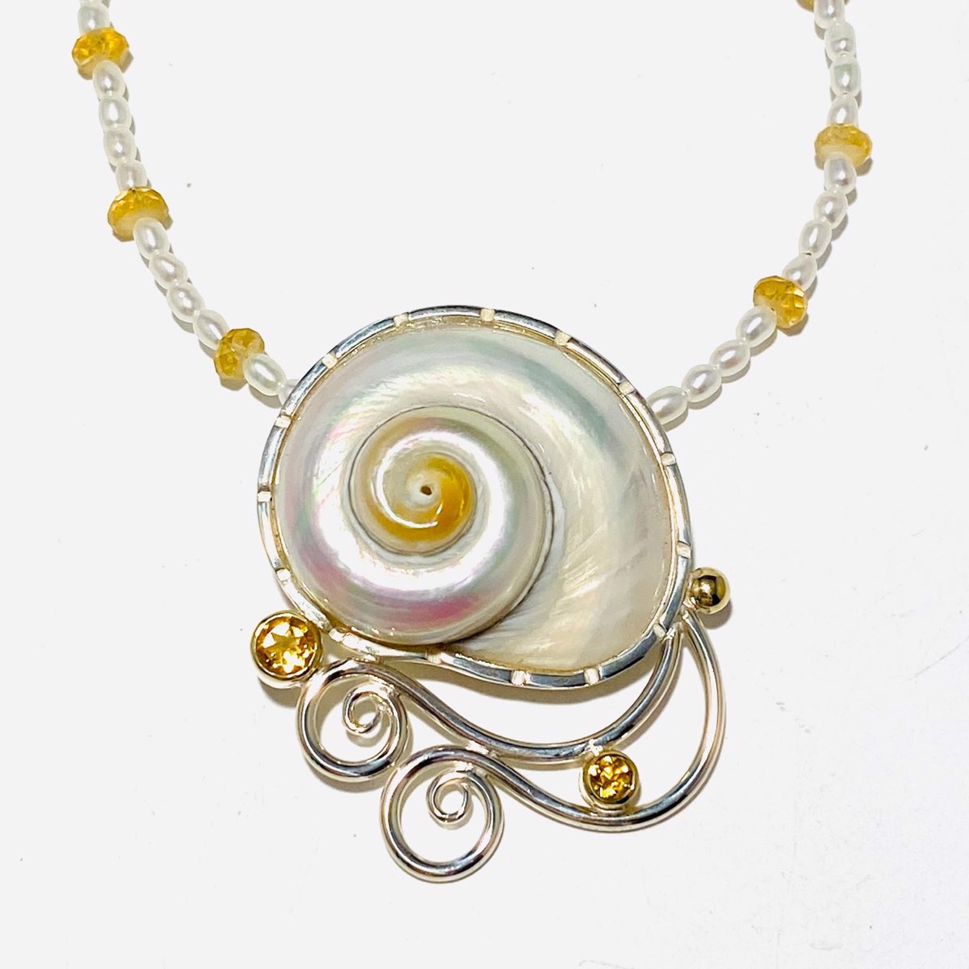 Thailand Cinerus Shell Citrine Pendant With Citrine And Pearl Necklace BU23-7 by Barbara Umbel