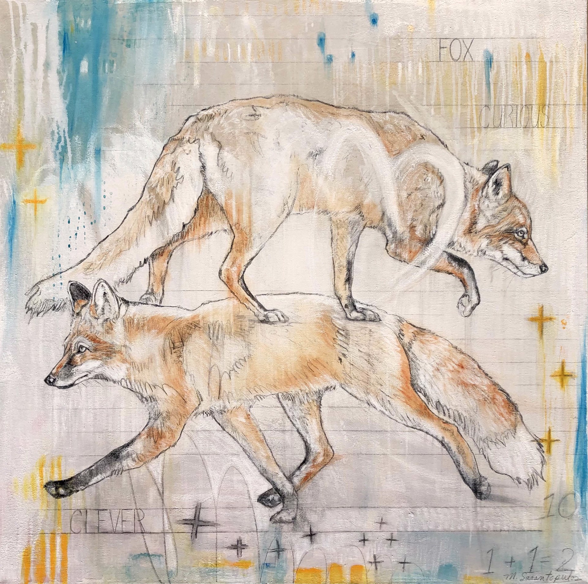 Original Mixed Media Painting Featuring Two Foxes Sketched Onto Abstract Background With Yellow And Blue Doodle Details And Graphite Text