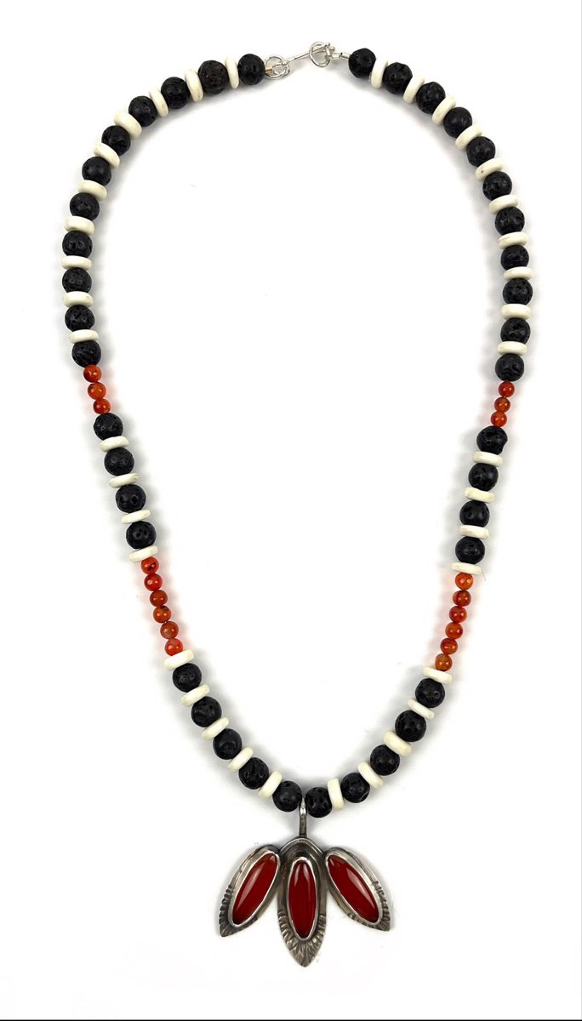 Carnelian with Lava and Bone Beads Sterling Silver Necklace by Anne Rob