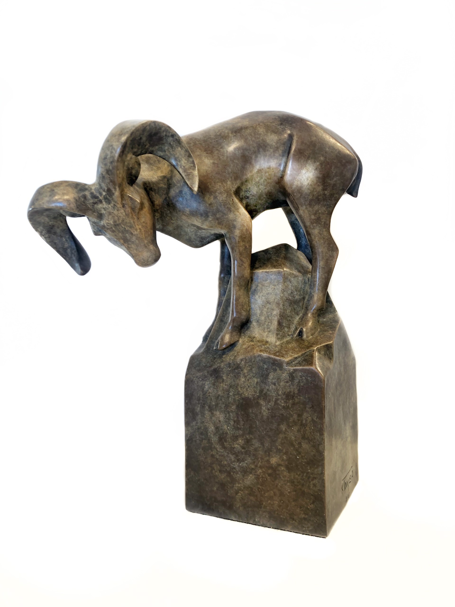 Limited Edition Bronze Sculpture Of A Bighorn Sheep Ram Perched On A Block, By Kristine Taylor