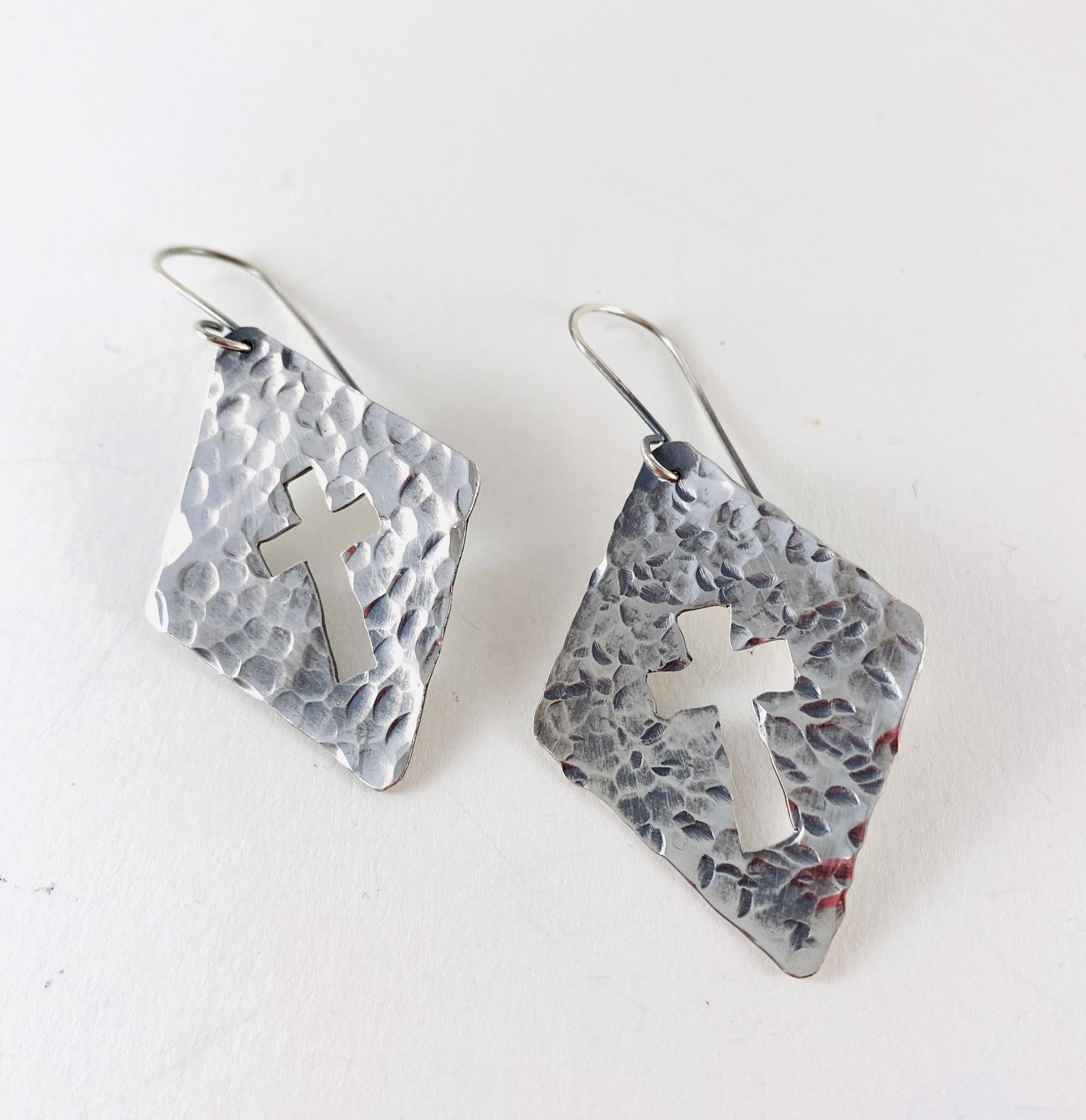 AB20-12 Hand Hammered and Cross Cut Out Silver Earrings by Anne Bivens