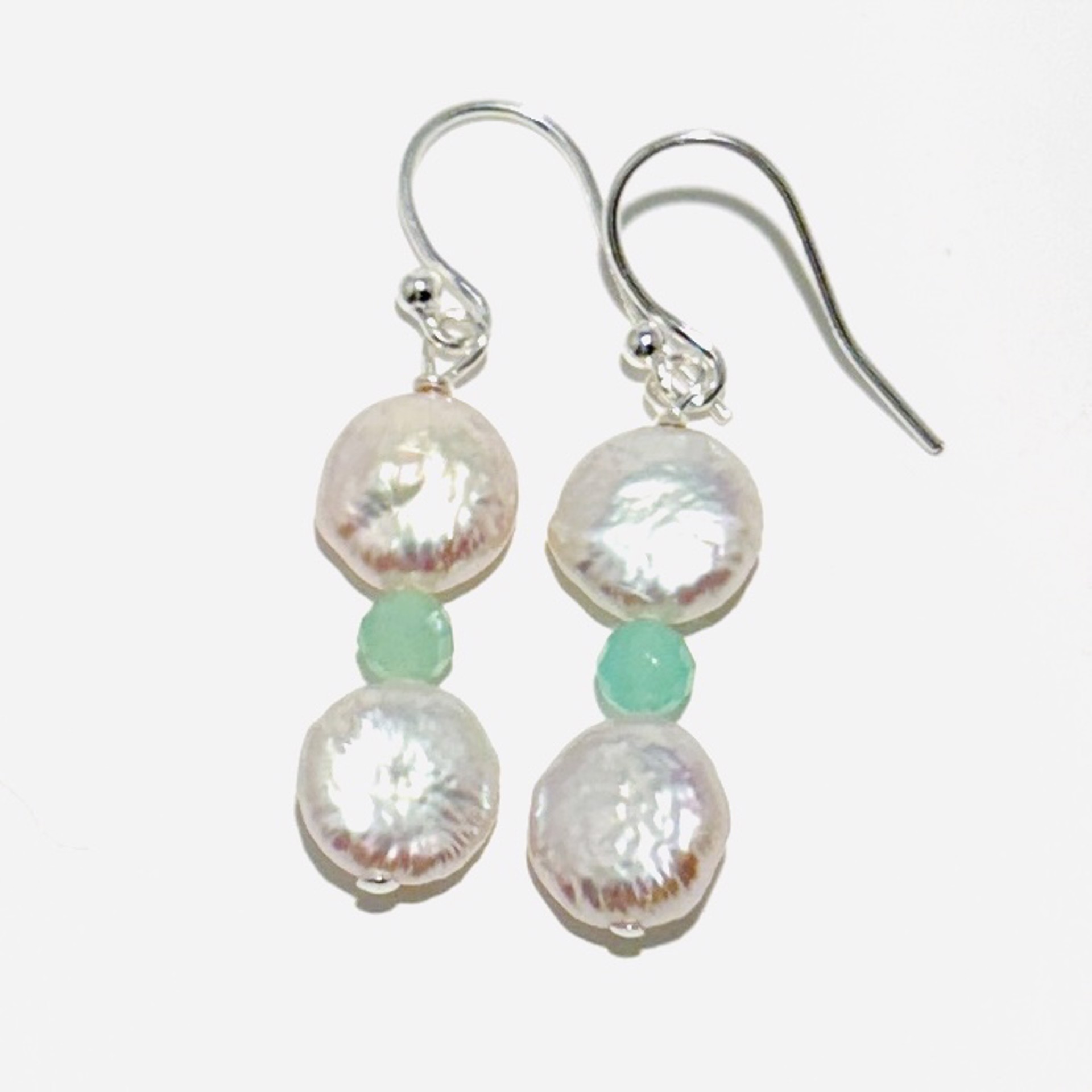 Double Coin Pearl, Chrysoprase Earrings NT23-144 by Nance Trueworthy