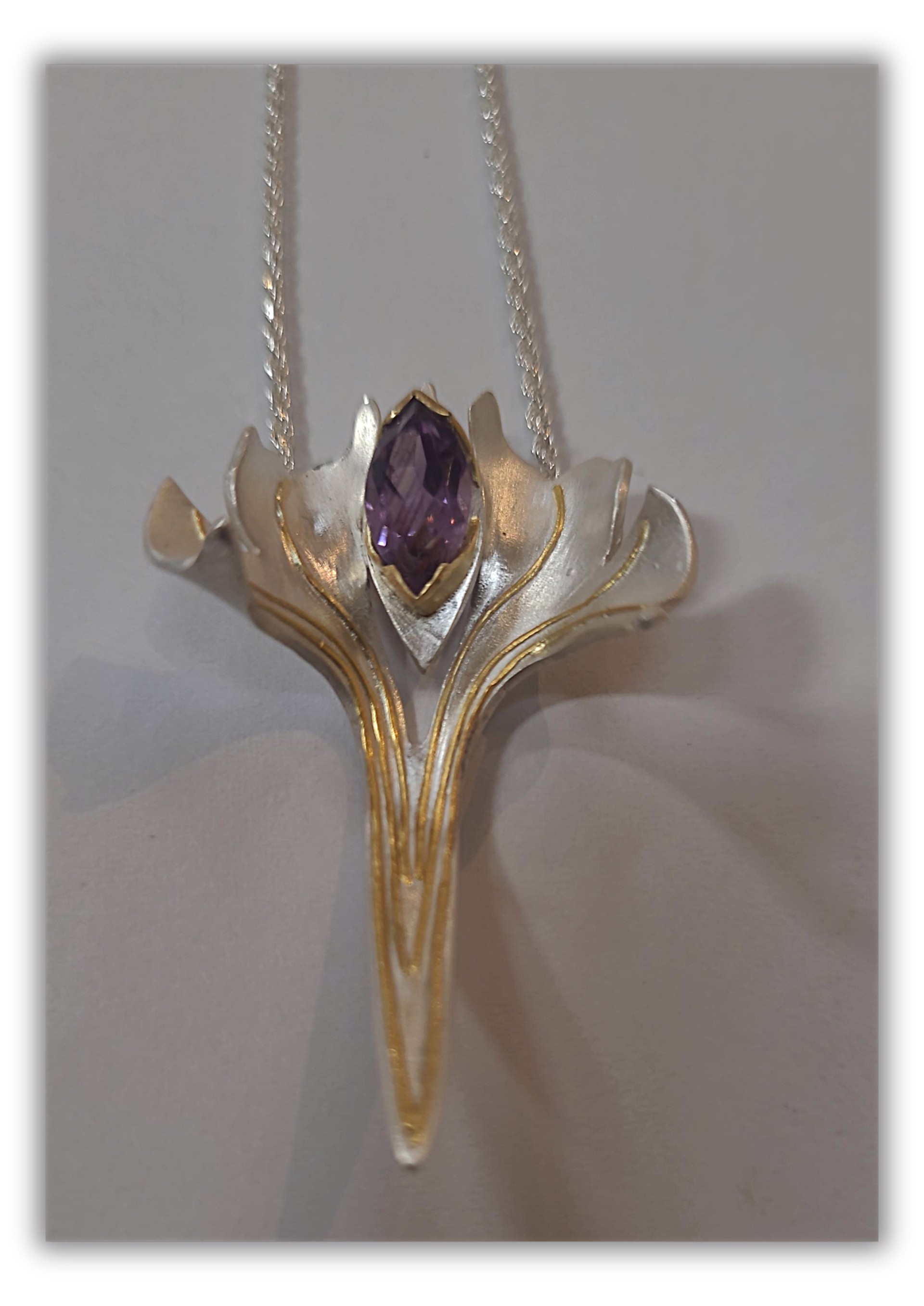 Necklace - Sterling Silver and 22k Gold Ginko Leaf with Amethyst by Pattie Parkhurst