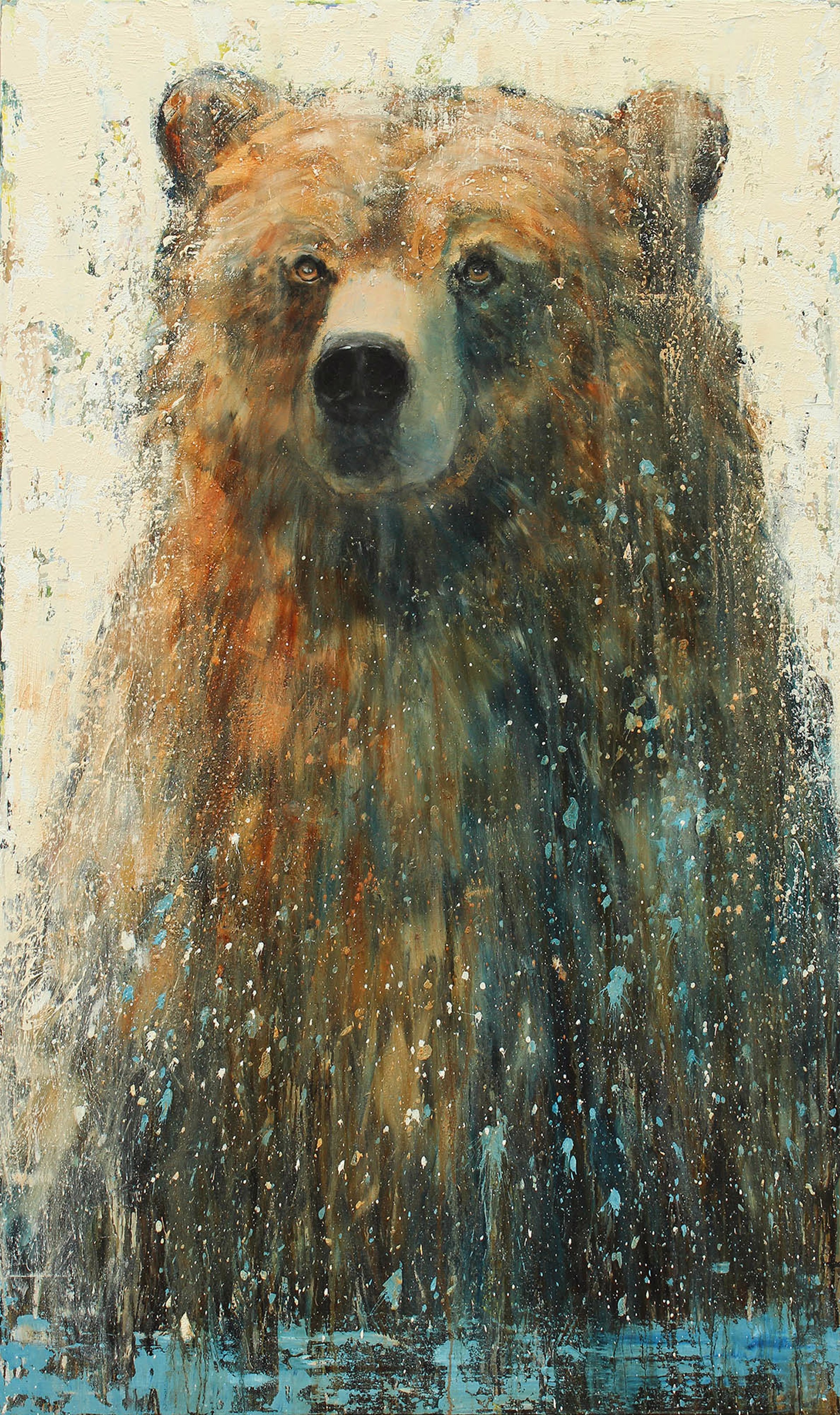 Original Mixed Media Painting Featuring a Grizzly Bear Portrait Over Abstract Cream Background With Dripping Details And Hints Of Blue