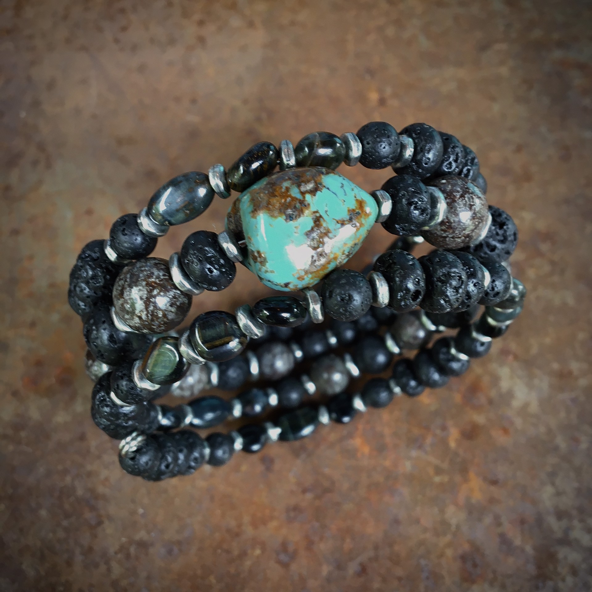 K347 Turquoise and Lava Triple Wrap Bracelet by Kelly Ormsby