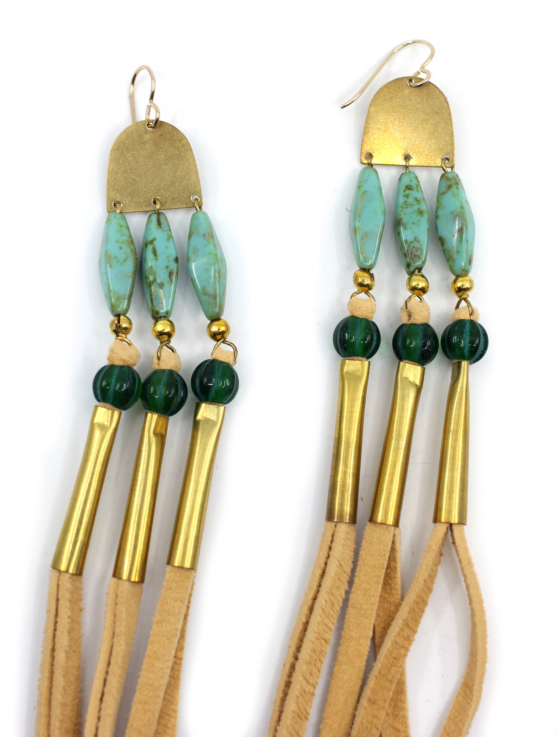 Long Beaded Buckskin Earrings (Green) by Hollis Chitto
