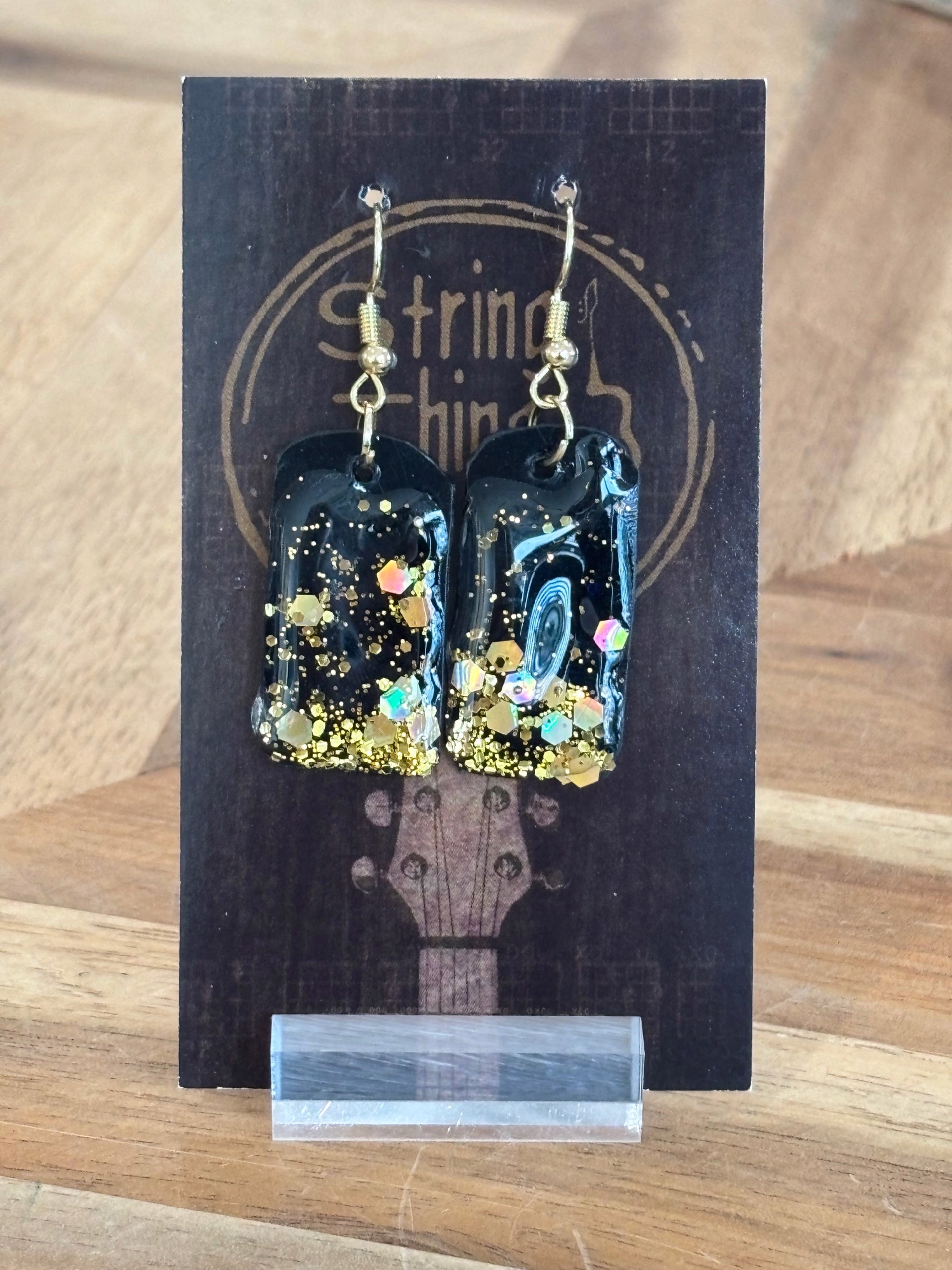 Black Gold Vinyl Earrings by String Thing Designs