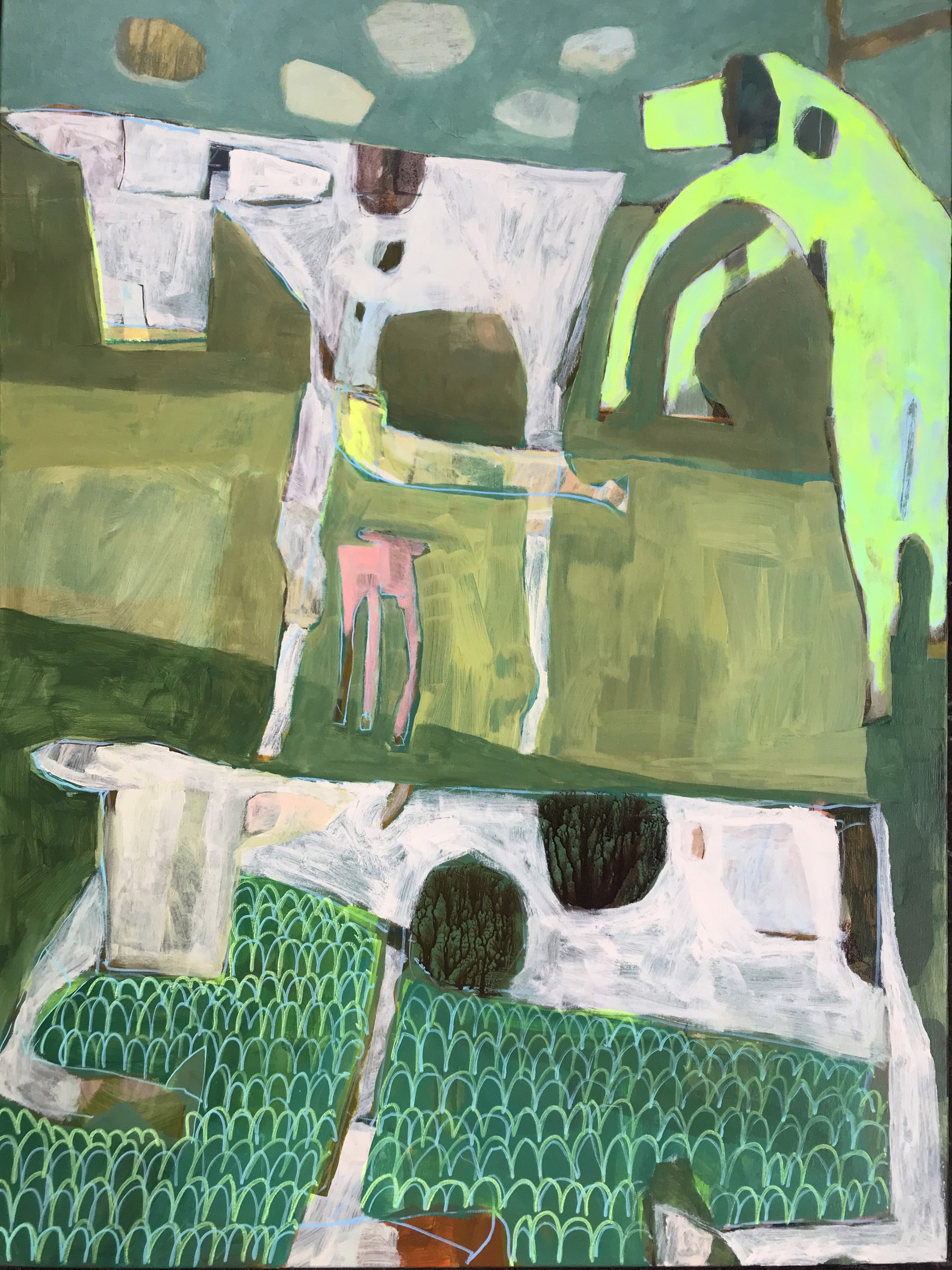 Chartreuse Dog with Cows by Rachael Van Dyke