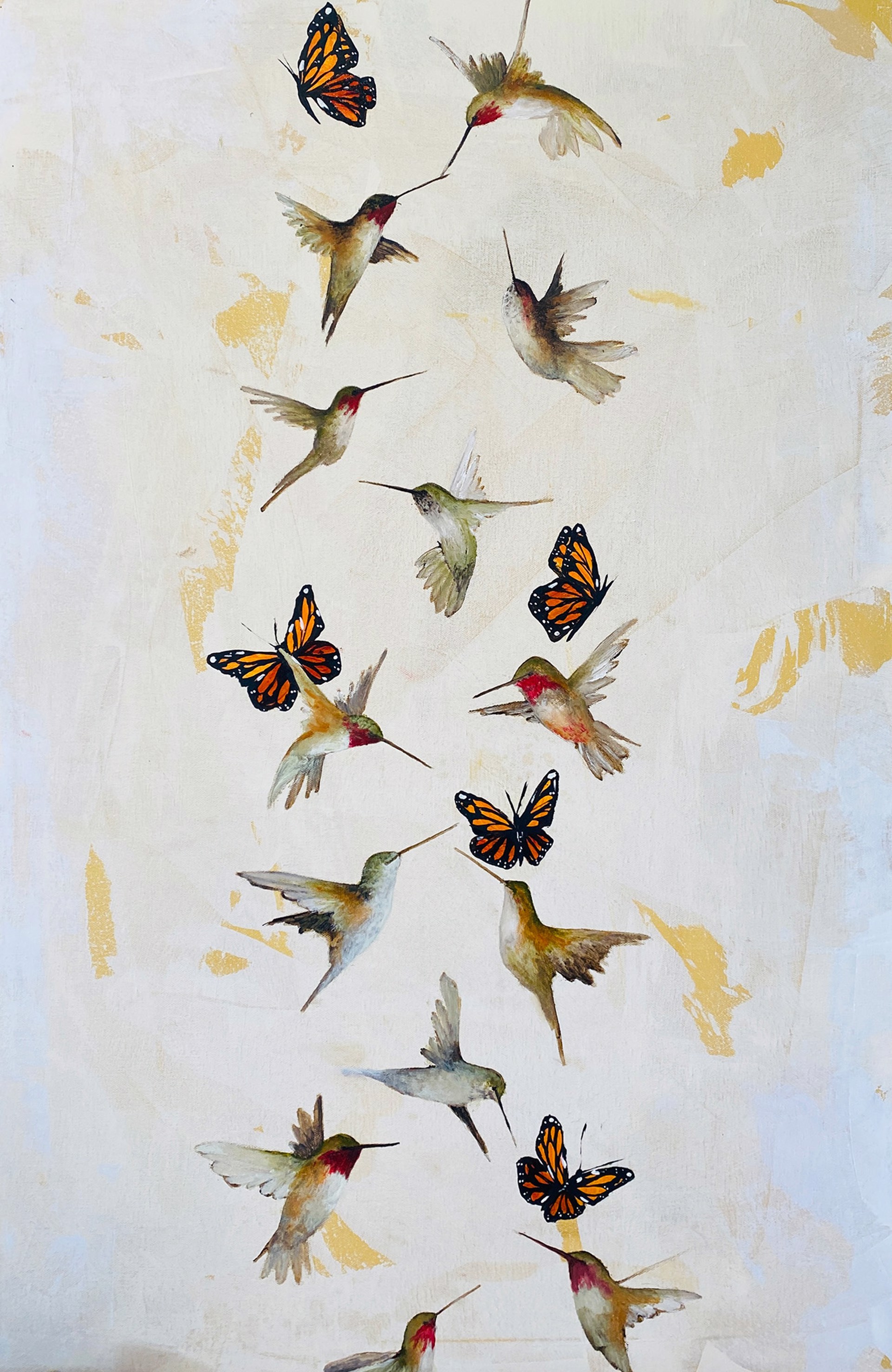 Original Oil Painting By Jenna Von Benedikt With Hummingbirds And Butterflies On An Abstract Background