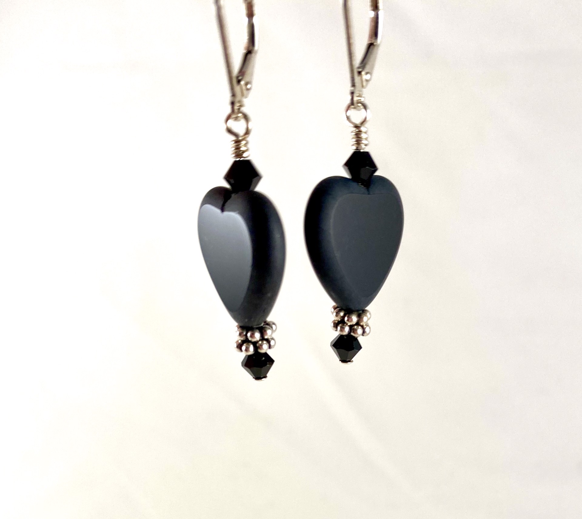 Carved Onyx Heart, Crystal, Silver Earrings E17 by Shoshannah Weinisch